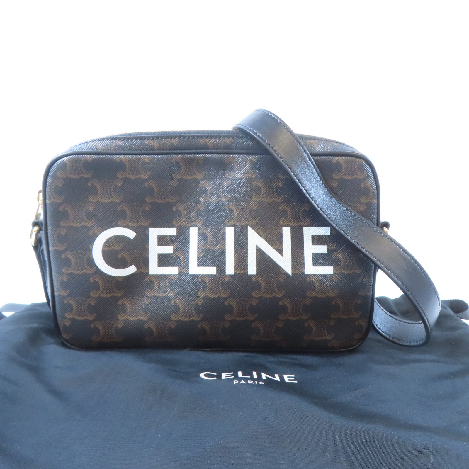 CELINE 塗層帆布Camera Bag金扣肩背袋黑色/啡色