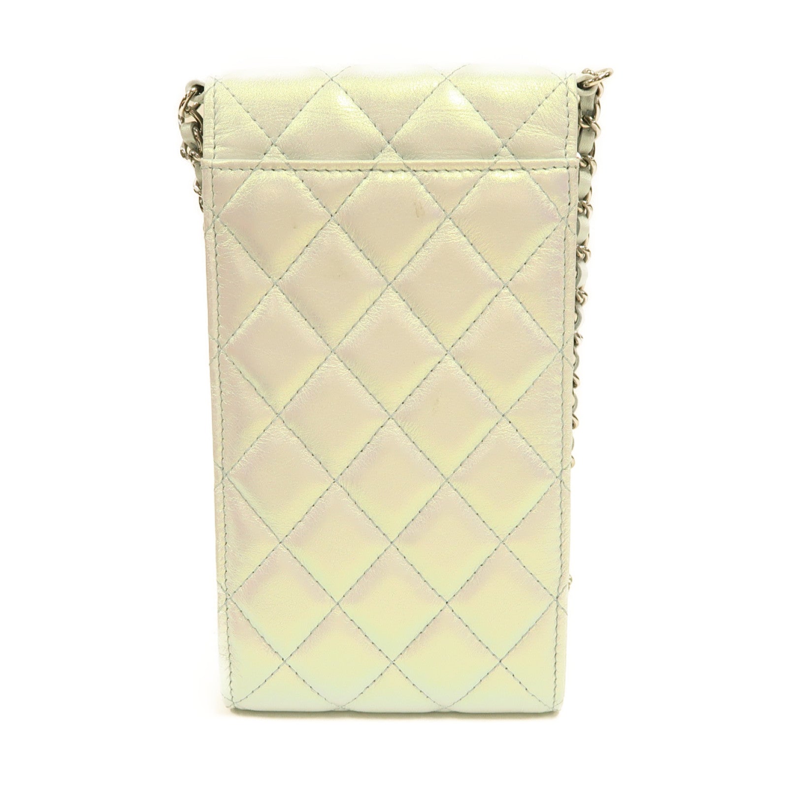 CHANEL 【激減優惠】菱格羊皮皮革Phone Case銀扣肩背袋珍珠灰色