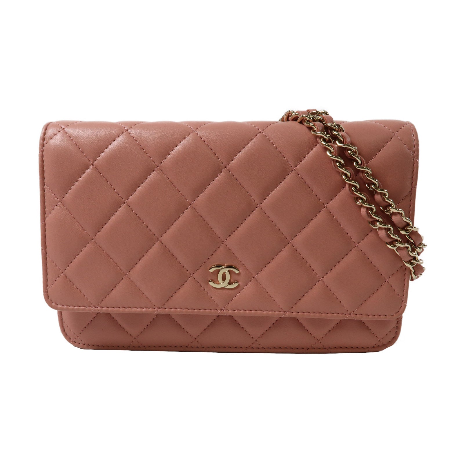 CHANEL 菱格羊皮皮革Wallet On Chain金扣鏈帶肩背袋粉紅色