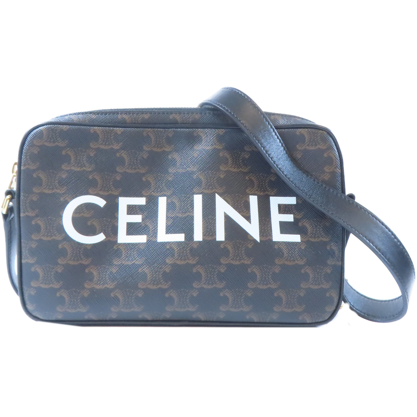 CELINE 塗層帆布Camera Bag金扣肩背袋黑色/啡色