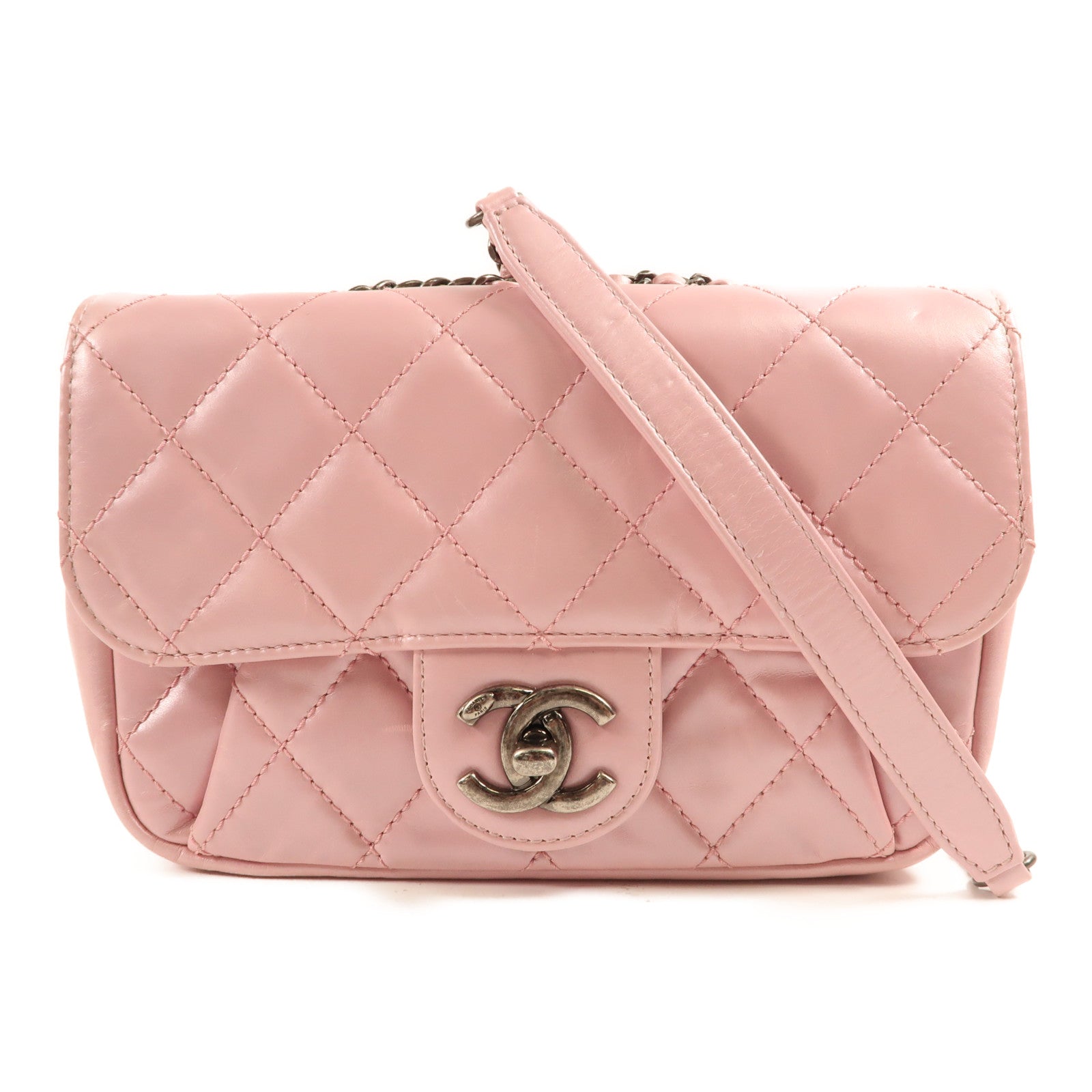 CHANEL 皮革Chain Shoulder銀扣鏈帶肩背袋