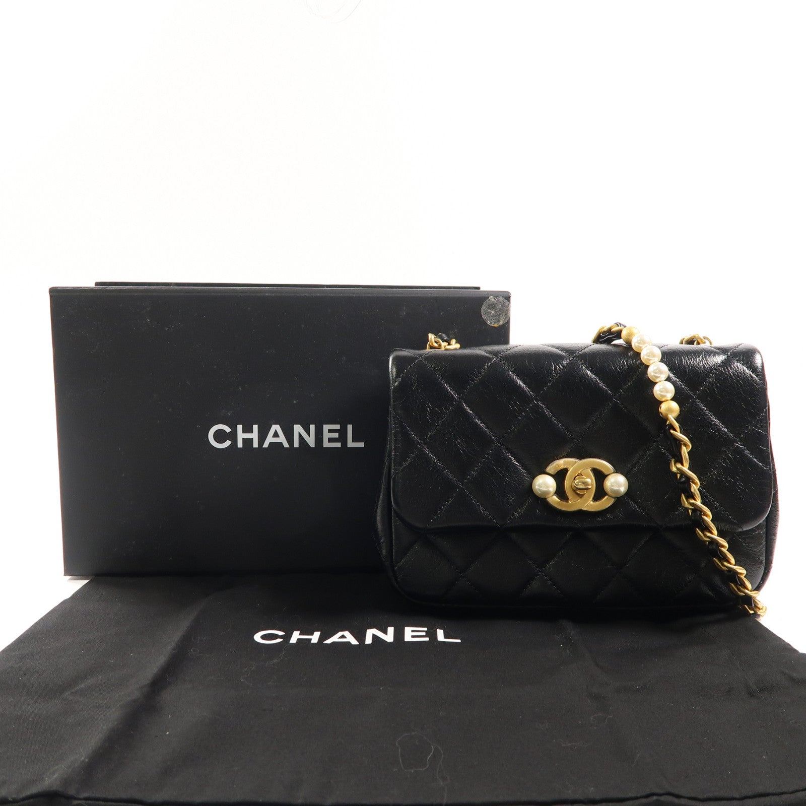 CHANEL 菱格牛皮皮革Shoulder Bag金扣鏈帶肩背袋黑色
