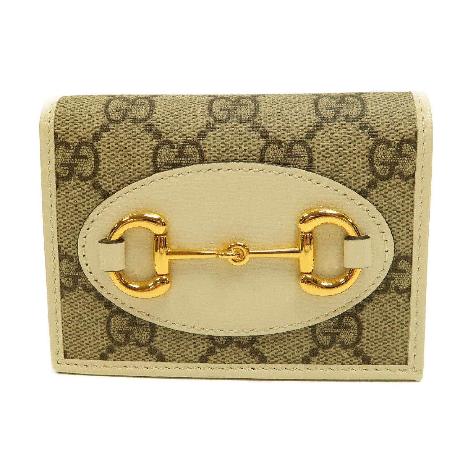 GUCCI 塗層帆布/牛皮皮革Gucci Horsebit金扣卡片套米色