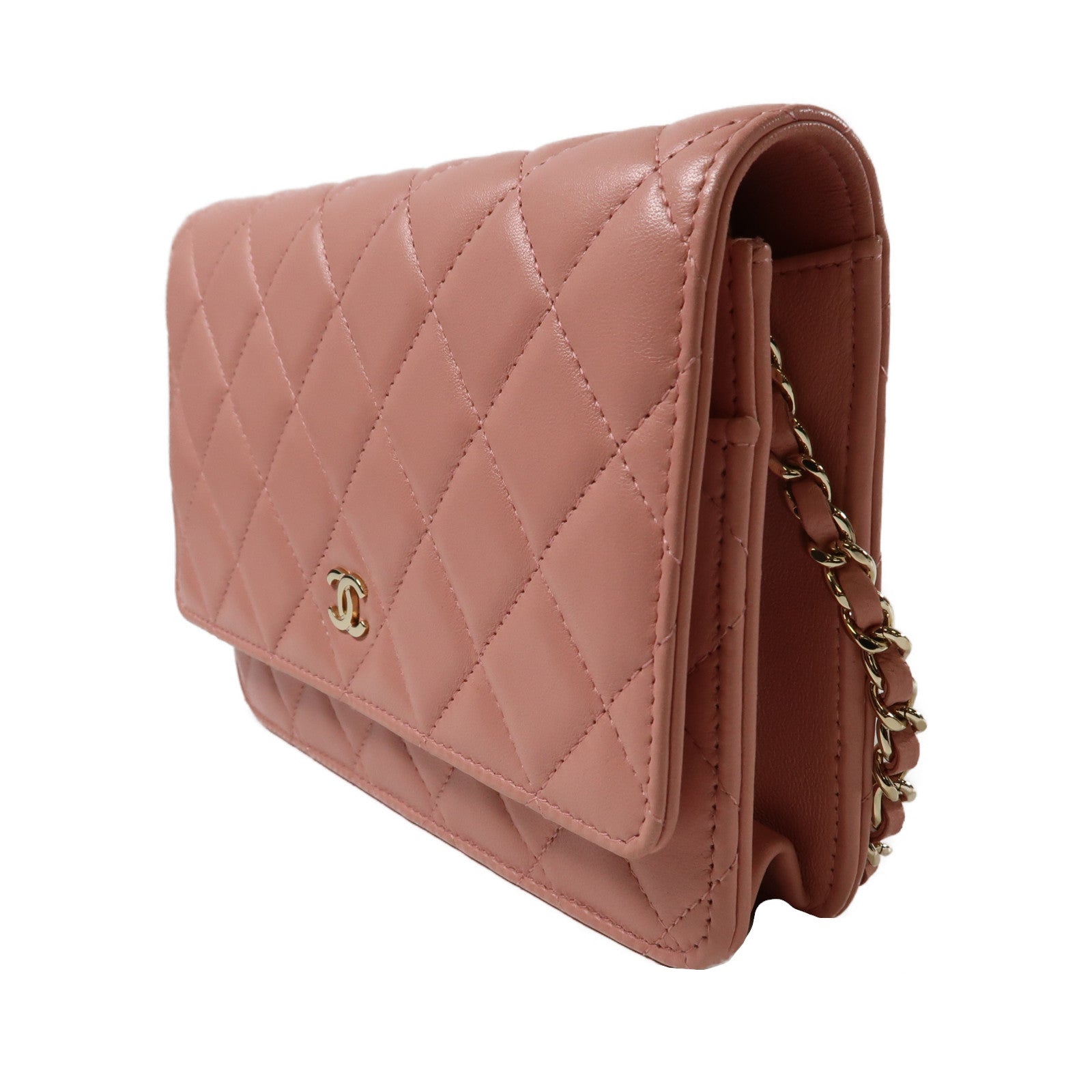 CHANEL 菱格羊皮皮革Wallet On Chain金扣鏈帶肩背袋粉紅色