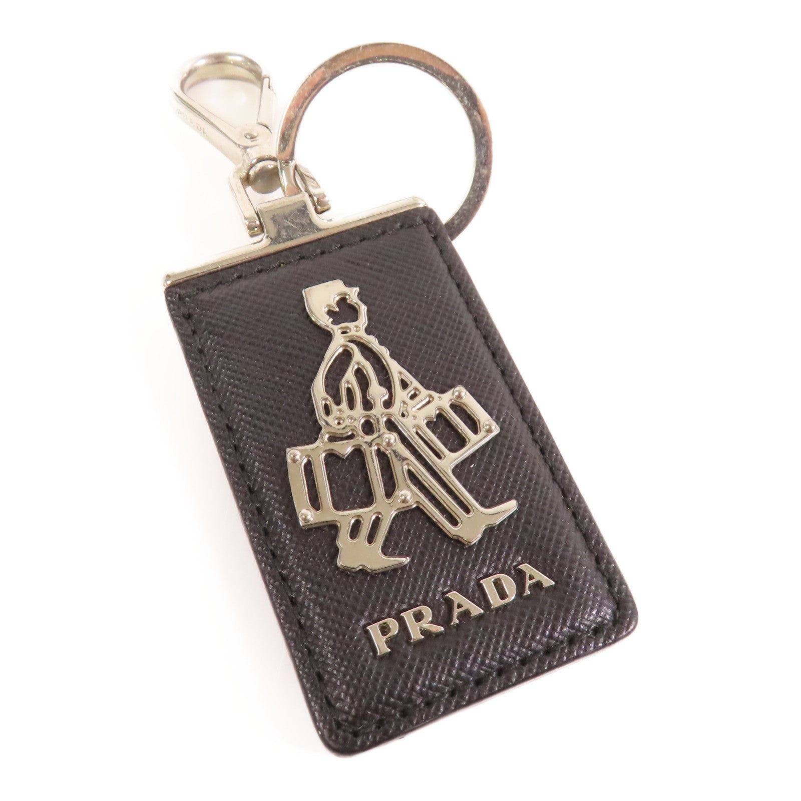 PRADA 皮革/金屬Key Charm銀扣鎖匙扣黑色