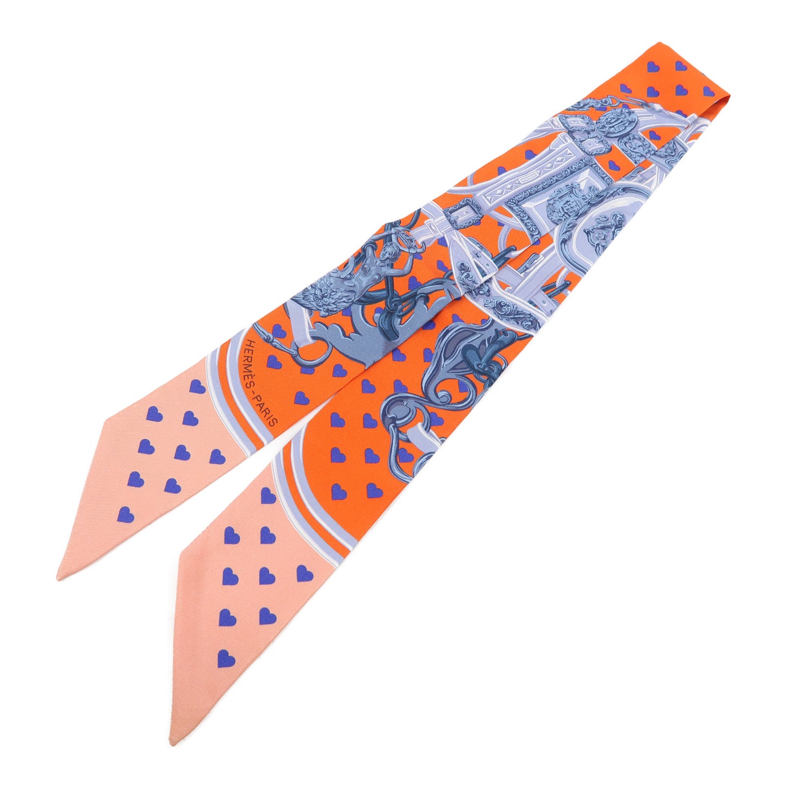 HERMES 絲質Twilly絲巾橙色/灰色