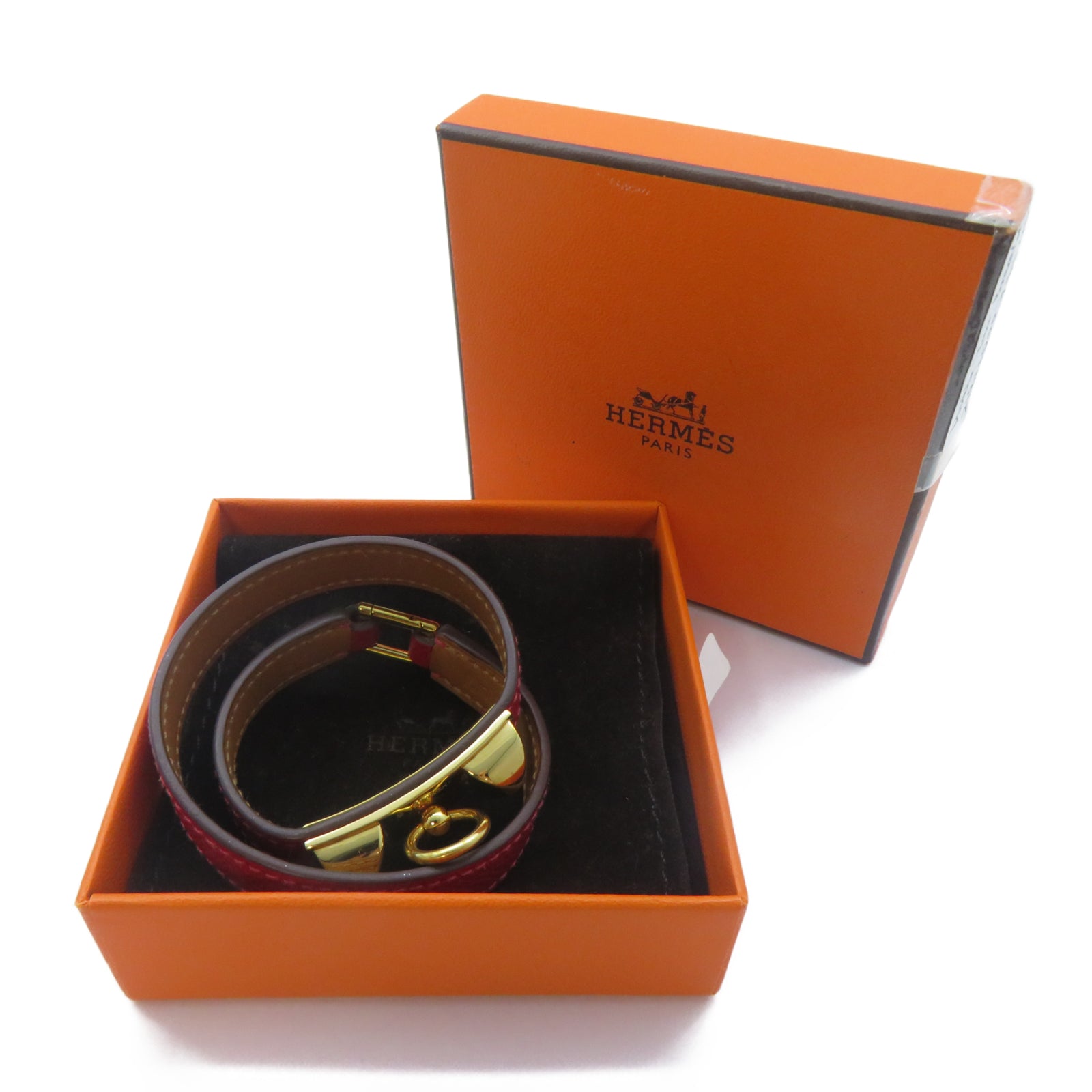 HERMES Epsom皮革Rivale Double Tour Bracelet金扣手鐲紅色