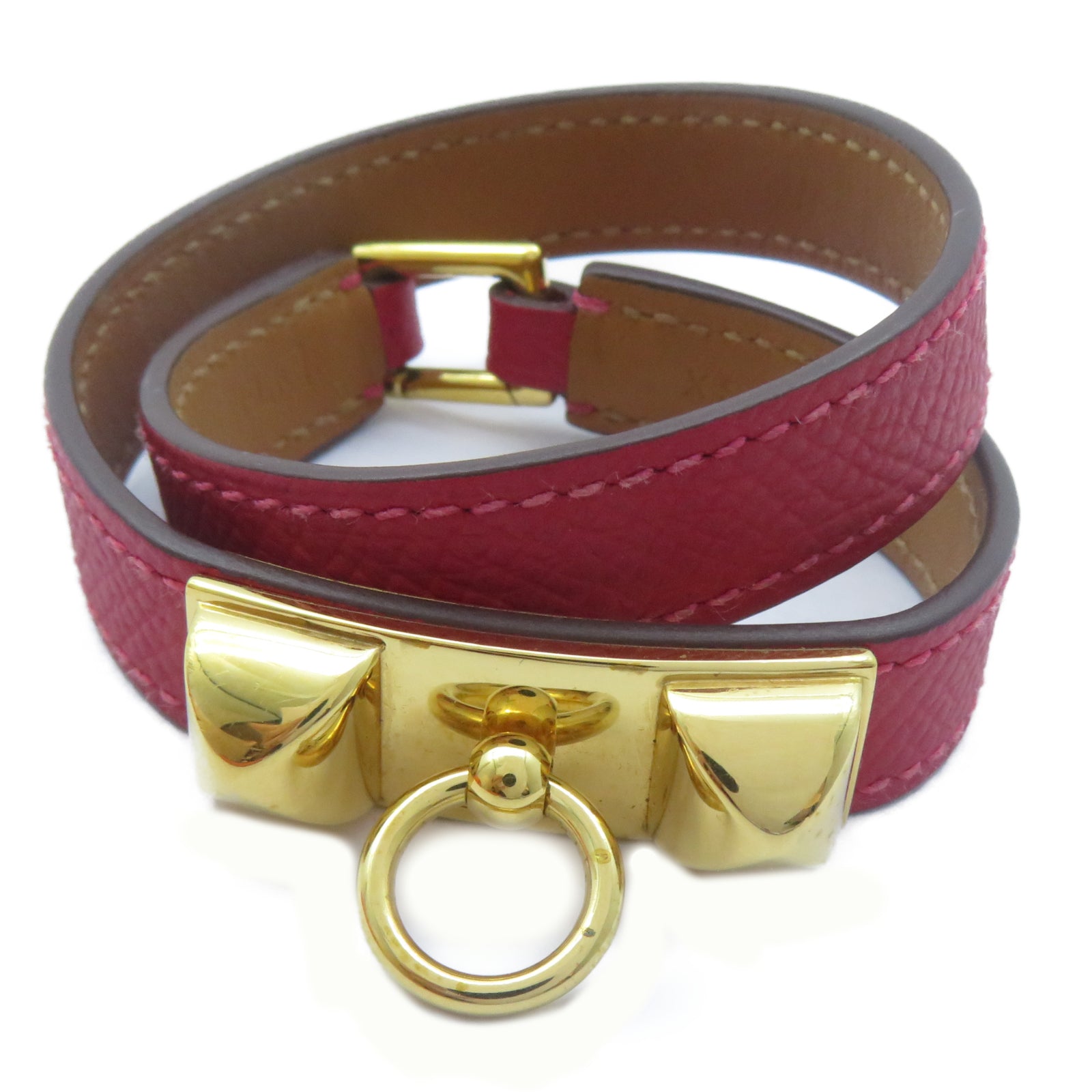 HERMES Epsom皮革Rivale Double Tour Bracelet金扣手鐲紅色