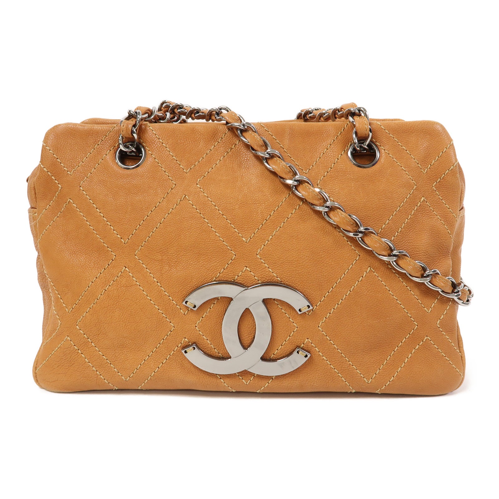 CHANEL 【激減優惠】牛皮皮革Chain Shoulder銀扣鏈帶肩背袋橙色