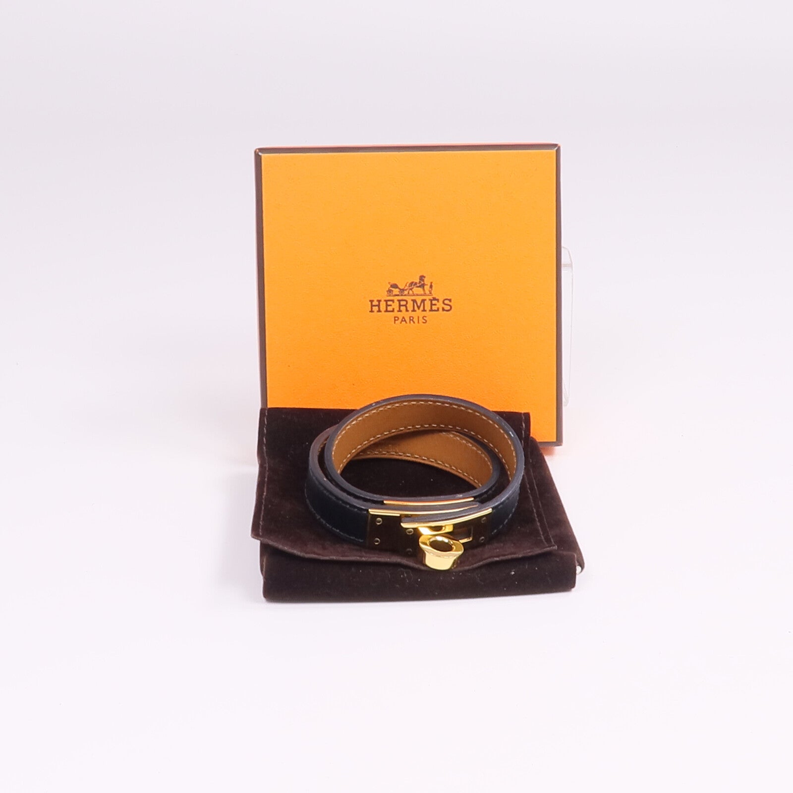 HERMES 【激減優惠】Chamonix皮革Kelly Double Bracelet金扣手鐲Noir