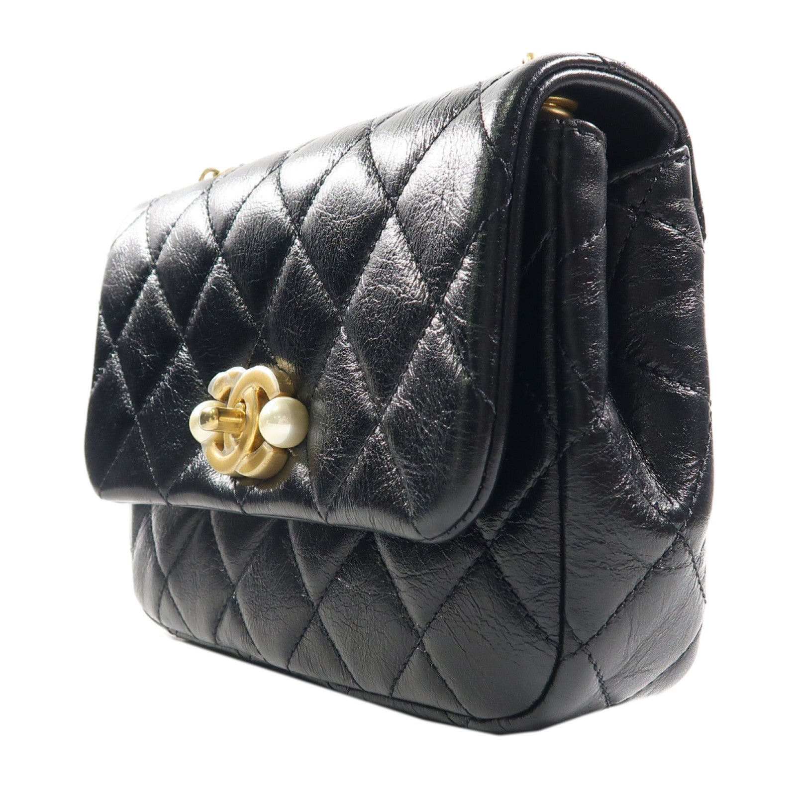 CHANEL 菱格牛皮皮革Shoulder Bag金扣鏈帶肩背袋黑色