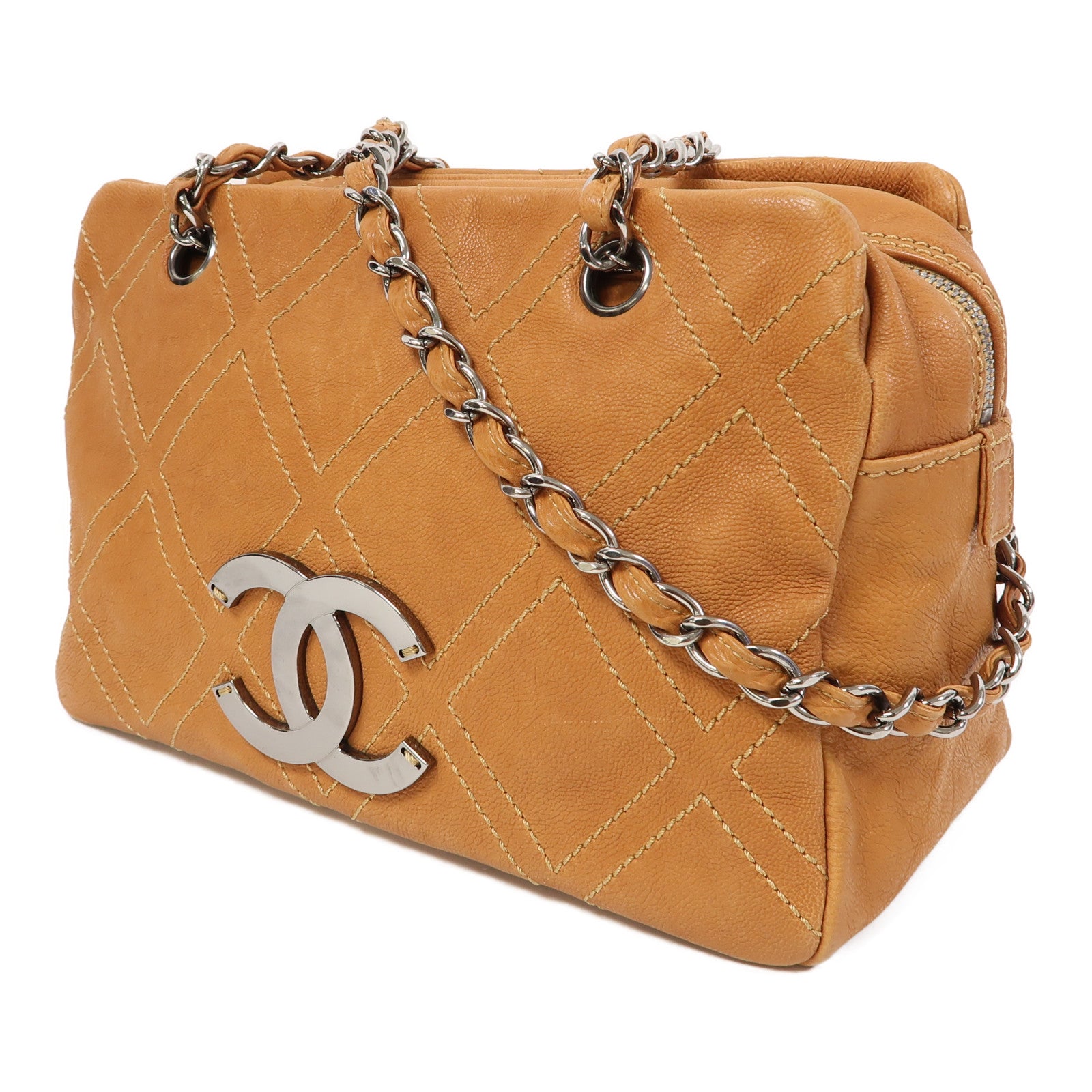CHANEL 【激減優惠】牛皮皮革Chain Shoulder銀扣鏈帶肩背袋橙色
