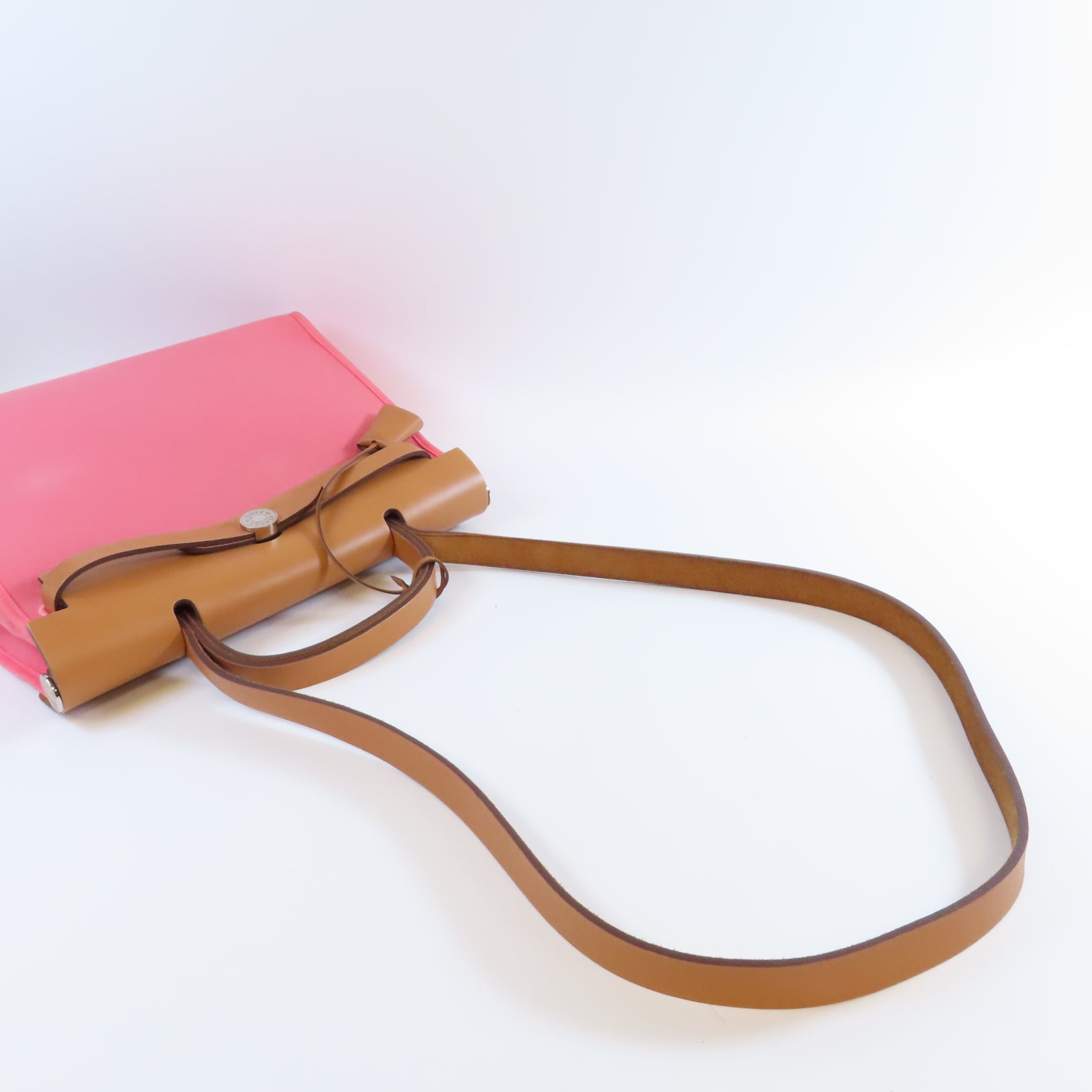 HERMES 【激減優惠】帆布Herbag PM銀扣手挽肩背兩用袋Rose Azalee杜鵑粉色