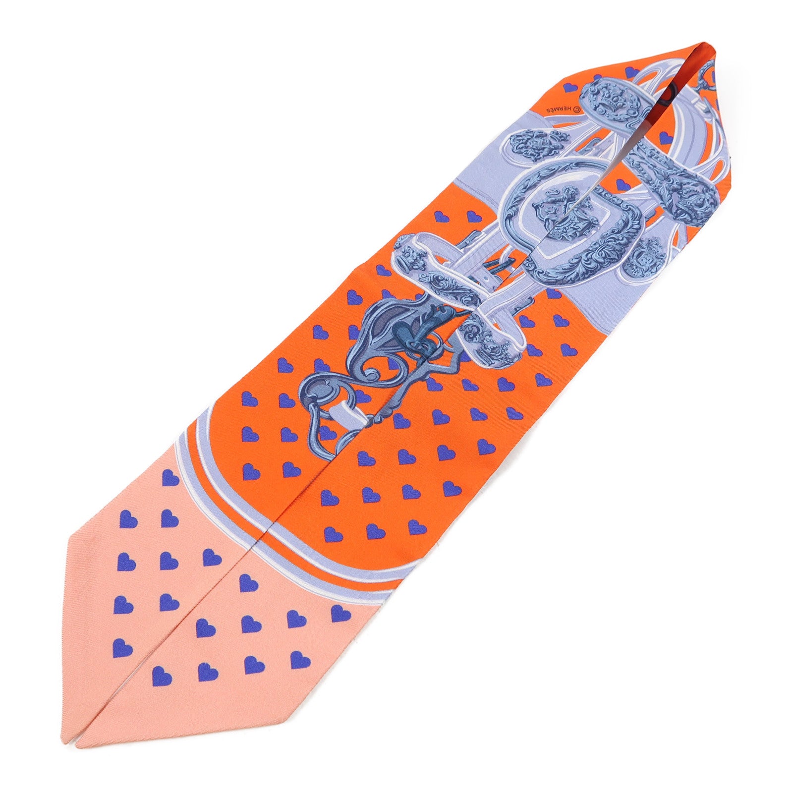 HERMES 絲質Twilly絲巾橙色/灰色