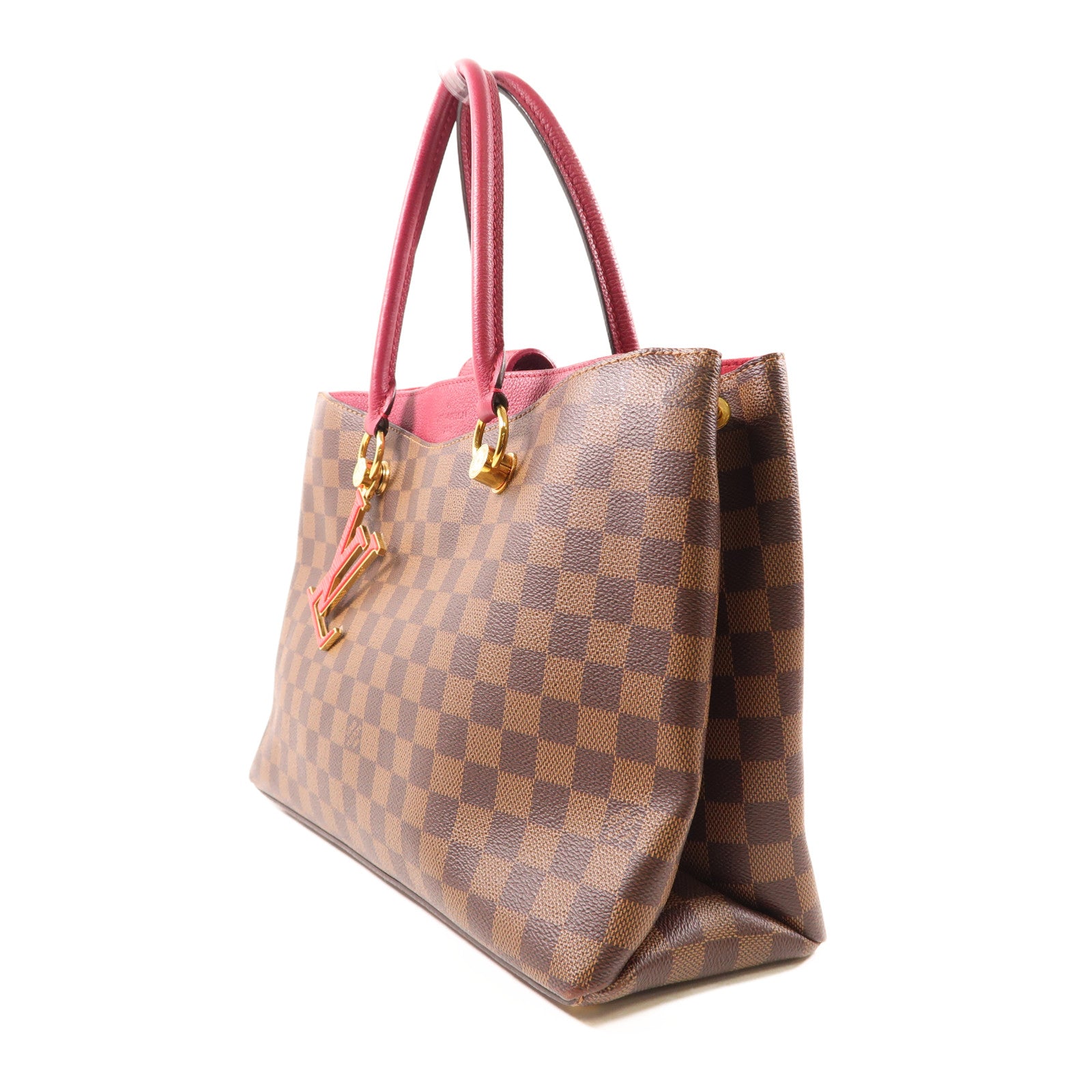 LOUIS VUITTON Damier Riverside金扣手挽肩背兩用袋棕色/紅色