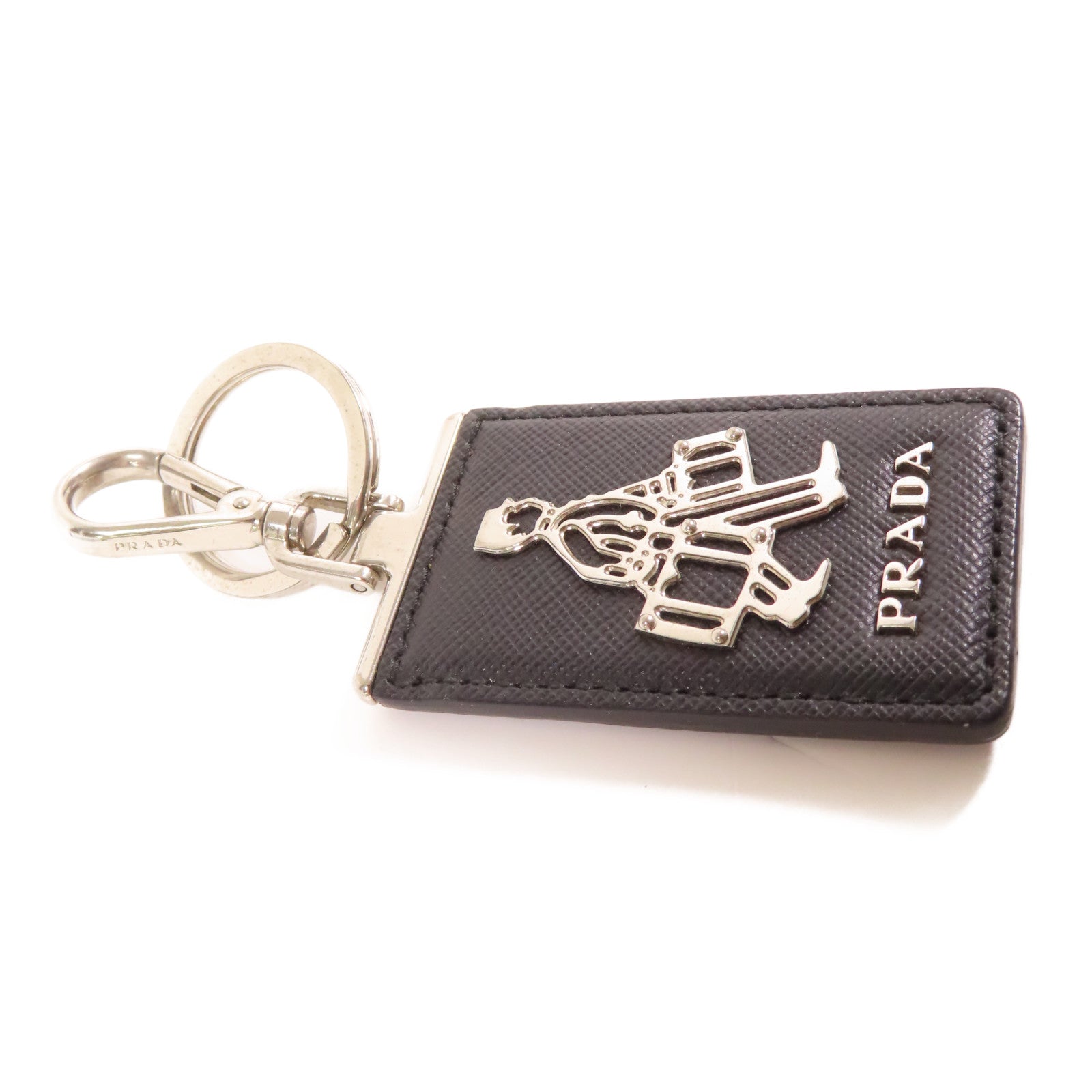 PRADA 皮革/金屬Key Charm銀扣鎖匙扣黑色