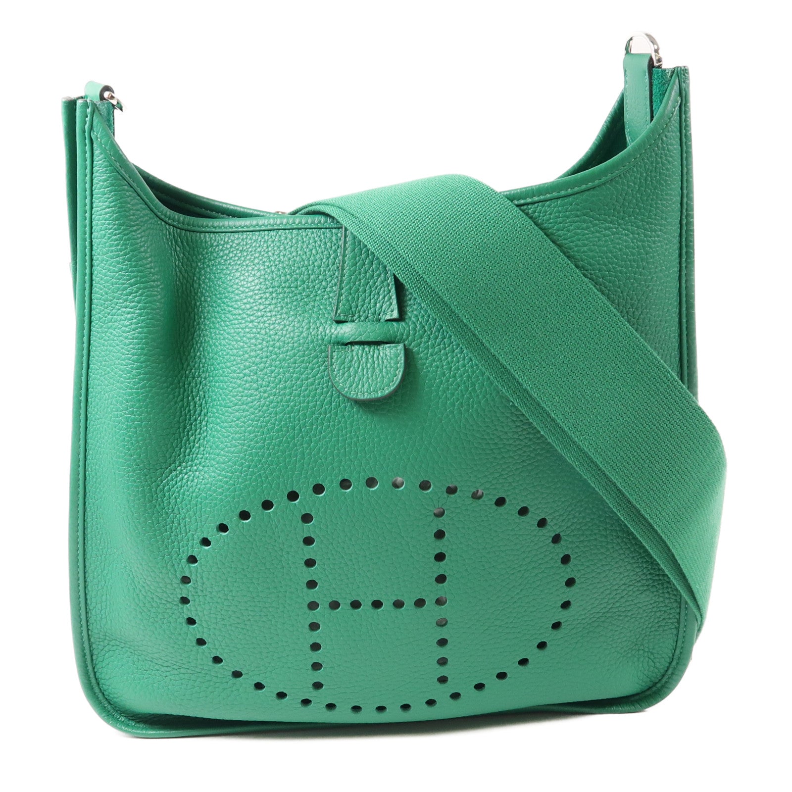 HERMES Clemence皮革Evelyne PM銀扣肩背袋Vert Vertigao