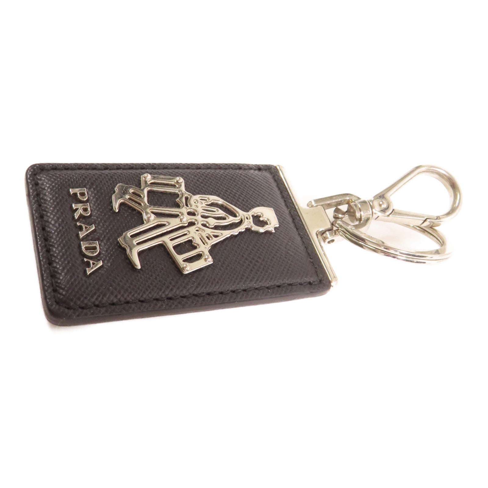 PRADA 皮革/金屬Key Charm銀扣鎖匙扣黑色
