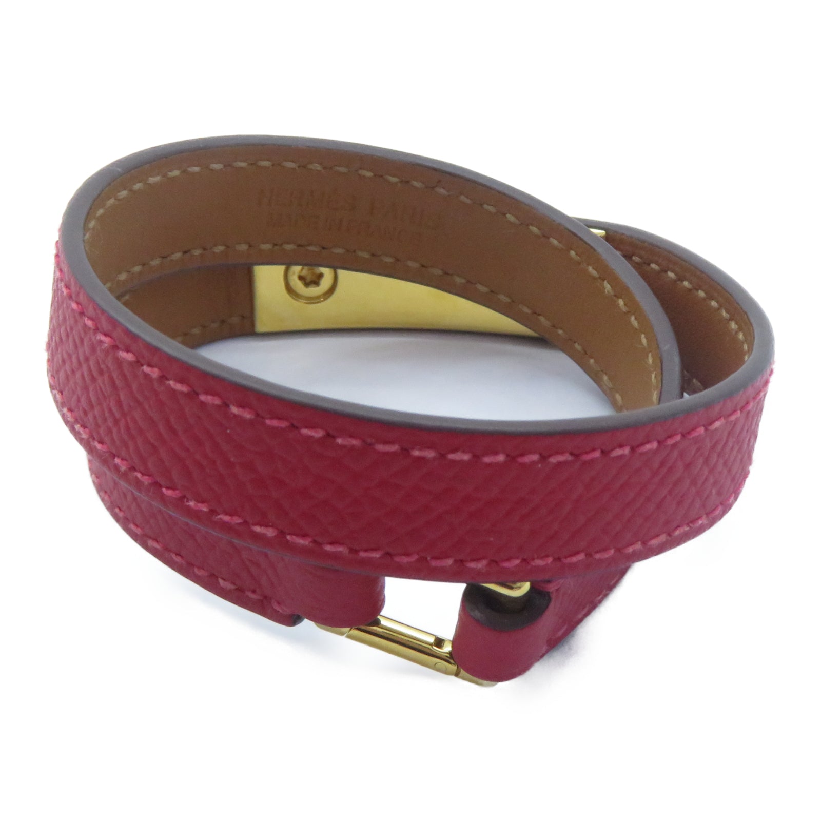 HERMES Epsom皮革Rivale Double Tour Bracelet金扣手鐲紅色