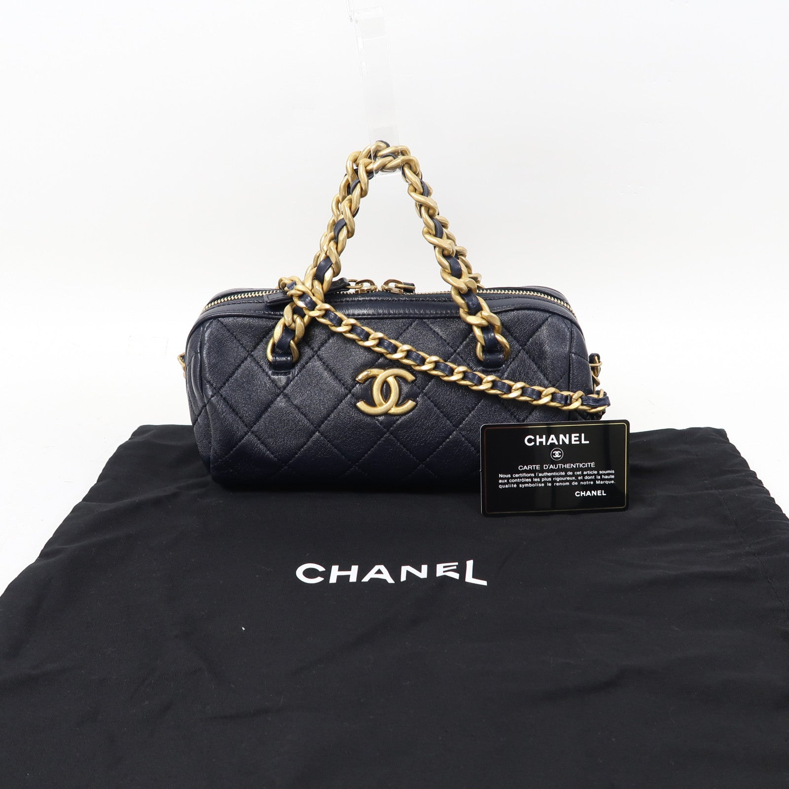 CHANEL 菱格羊皮皮革Chain Shoulder金扣鏈帶肩背袋深藍色