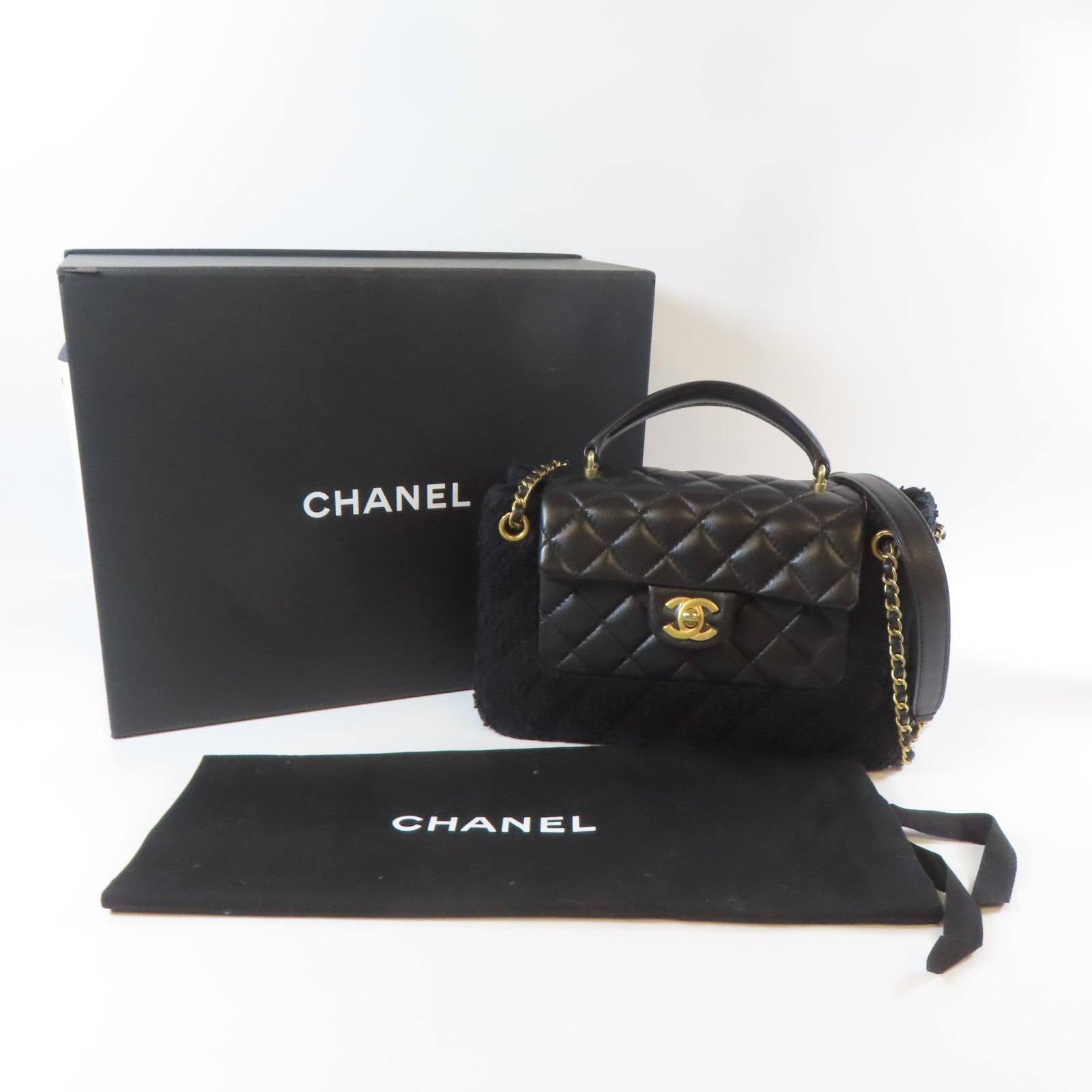 CHANEL 【激減優惠】斜紋軟呢/菱格牛皮皮革Chain Shoulder金扣手挽肩背兩用袋黑色
