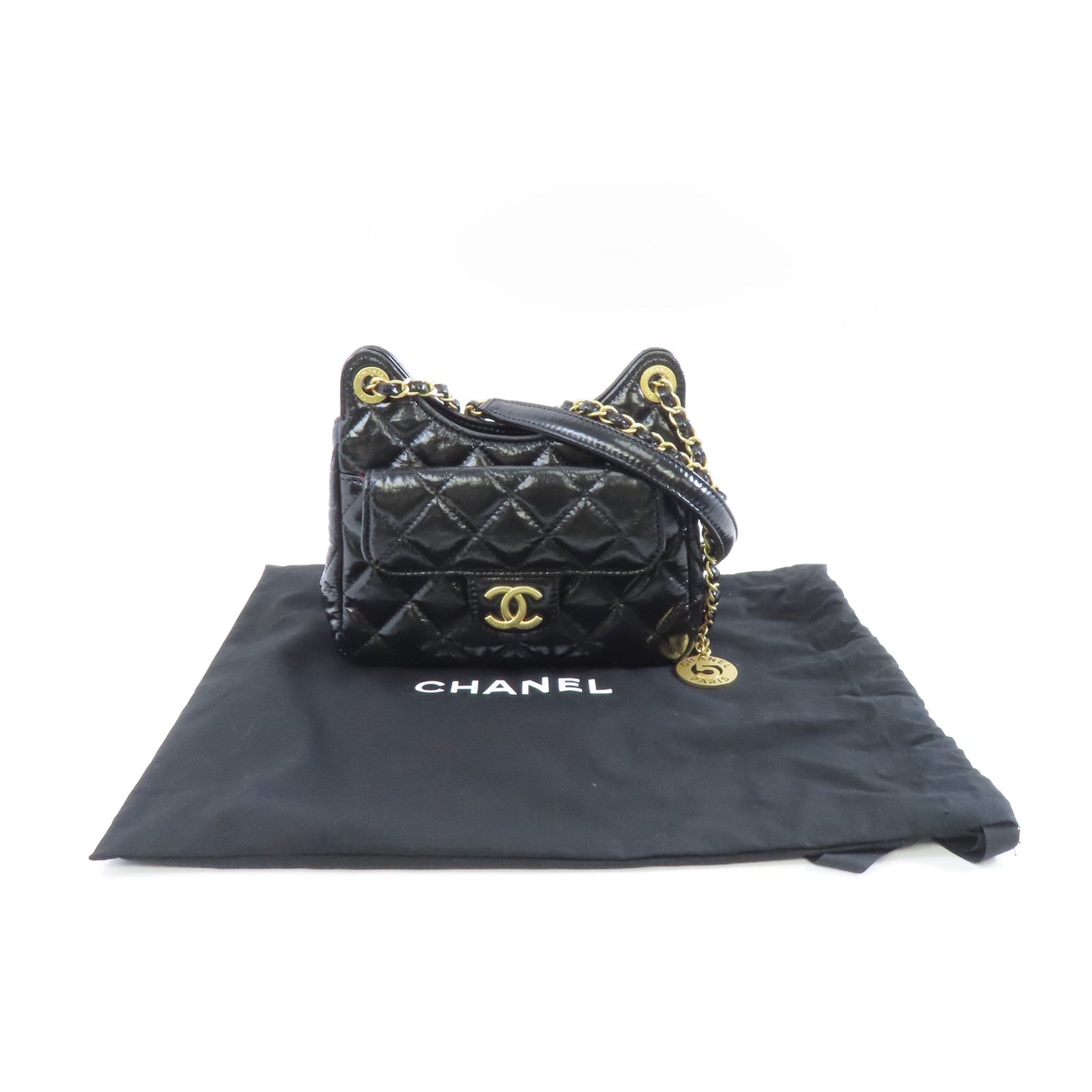 CHANEL 菱格牛皮皮革Chain Shoulder金扣鏈帶肩背袋袋黑色