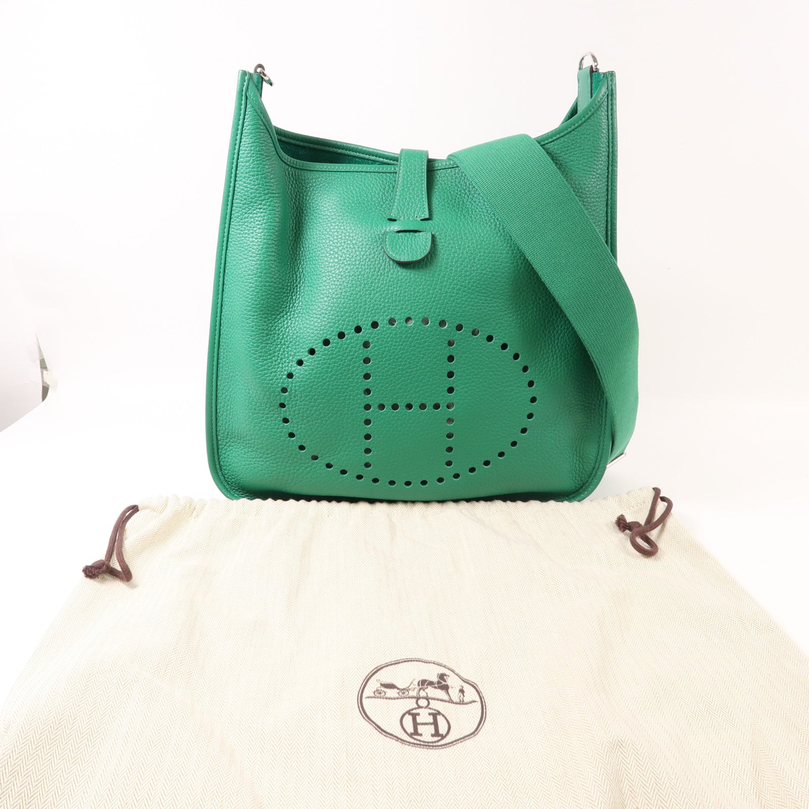 HERMES Clemence皮革Evelyne PM銀扣肩背袋Vert Vertigao