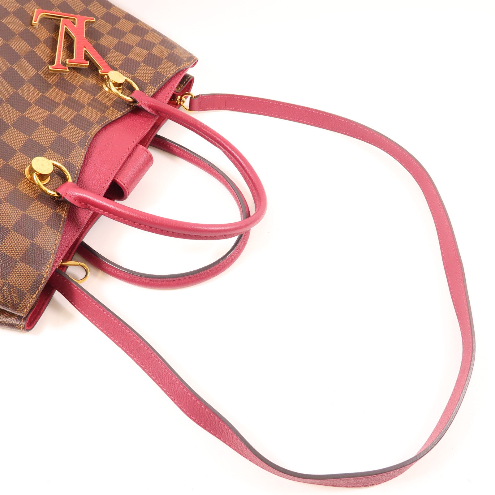 LOUIS VUITTON Damier Riverside金扣手挽肩背兩用袋棕色/紅色