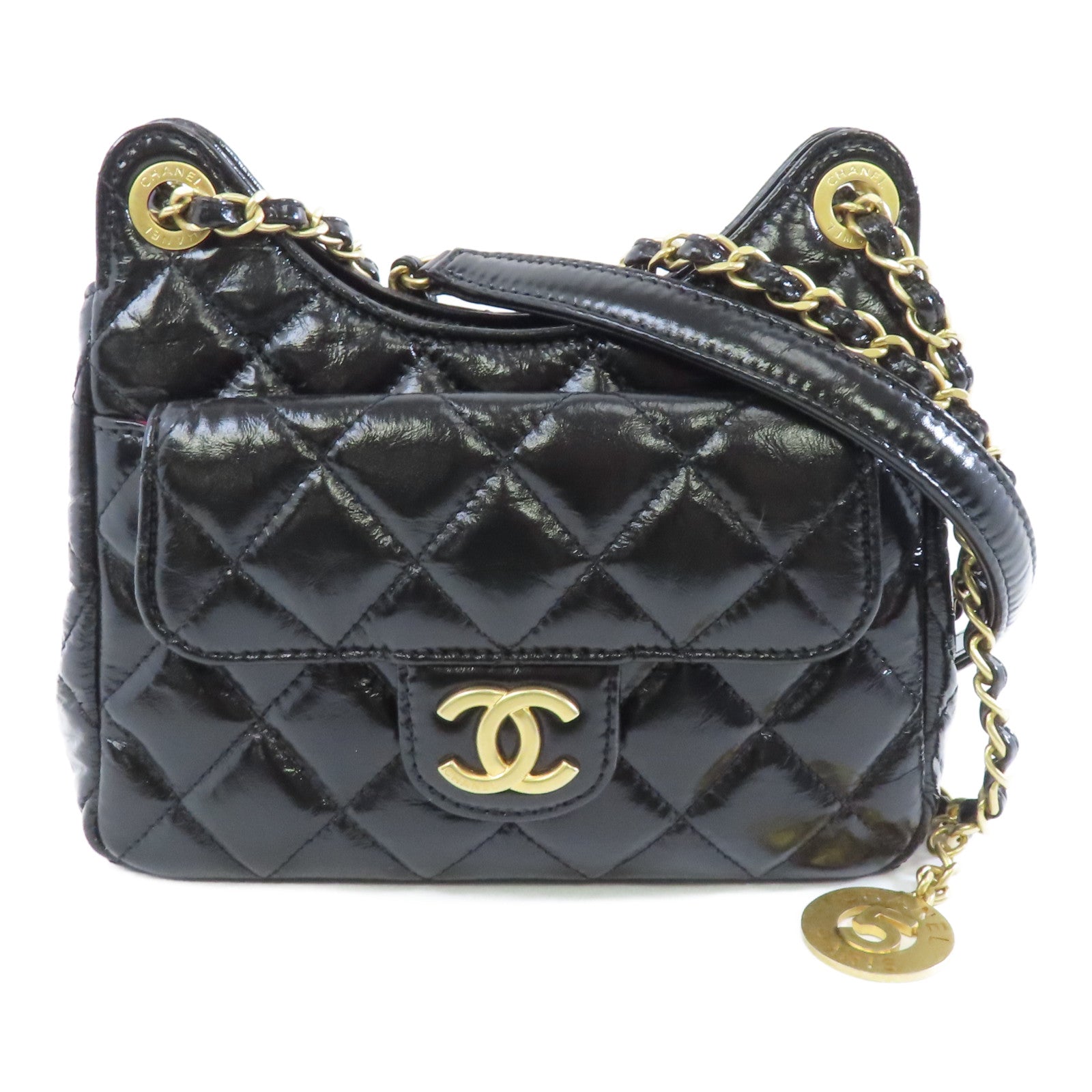 CHANEL 菱格牛皮皮革Chain Shoulder金扣鏈帶肩背袋袋黑色
