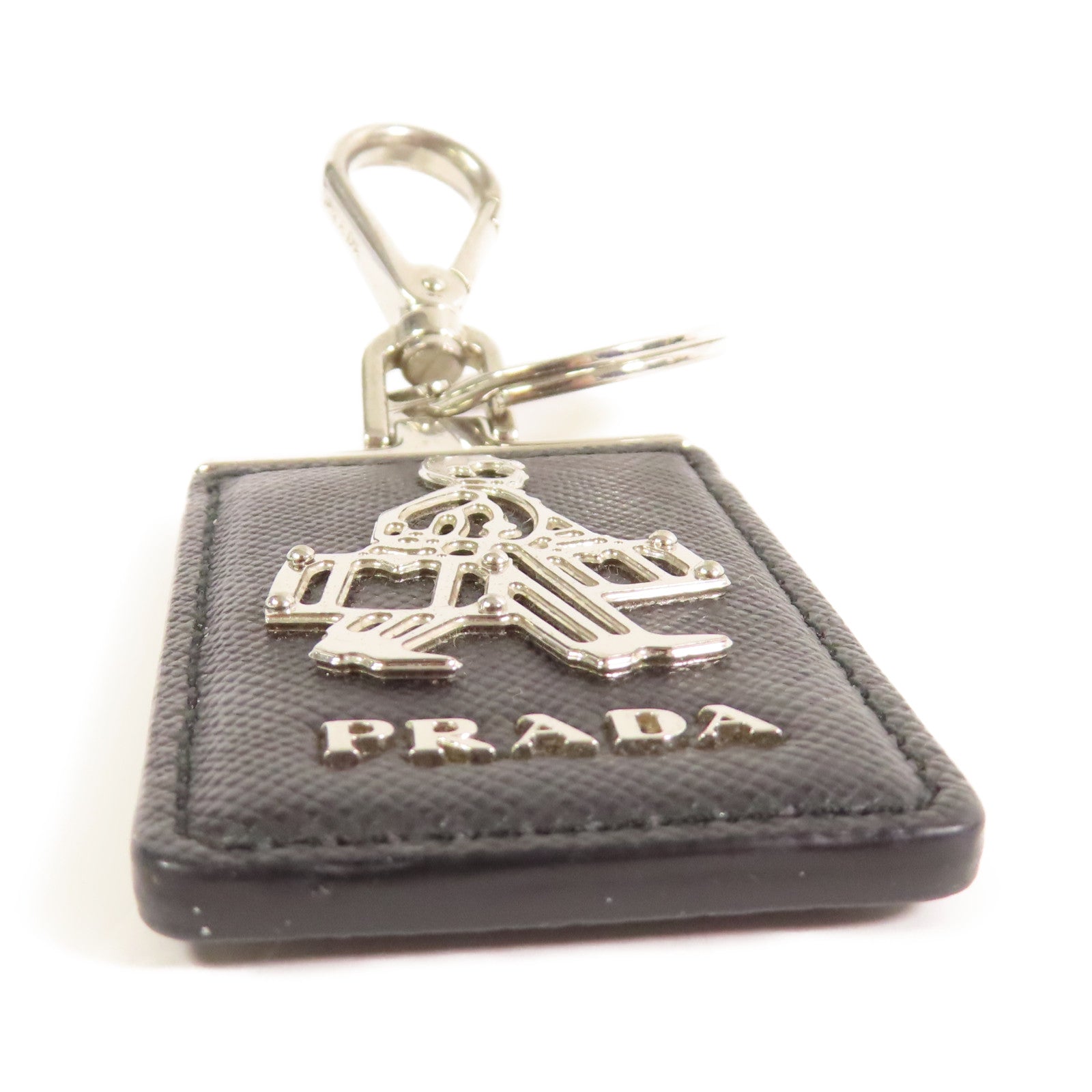 PRADA 皮革/金屬Key Charm銀扣鎖匙扣黑色