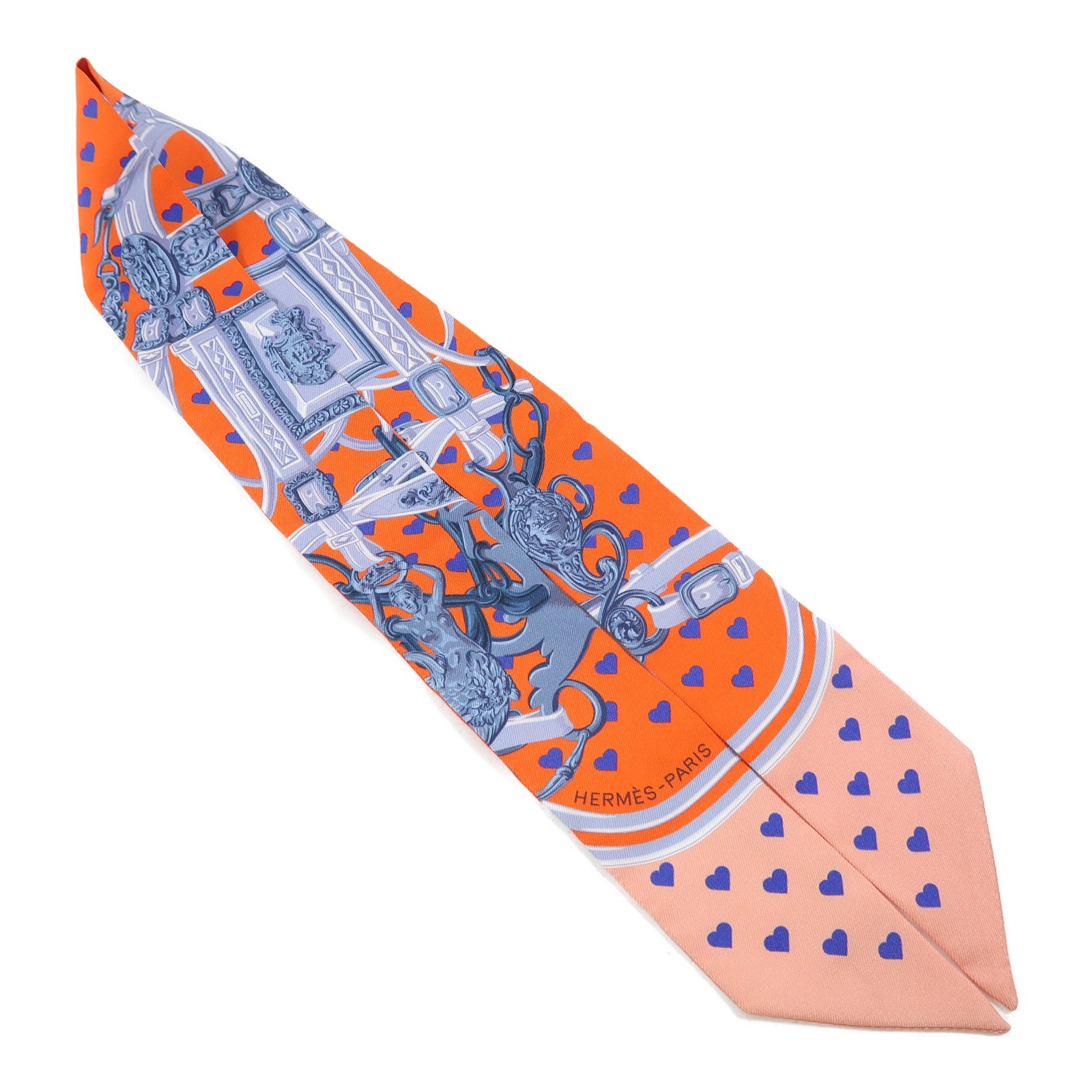 HERMES 絲質Twilly絲巾橙色/灰色