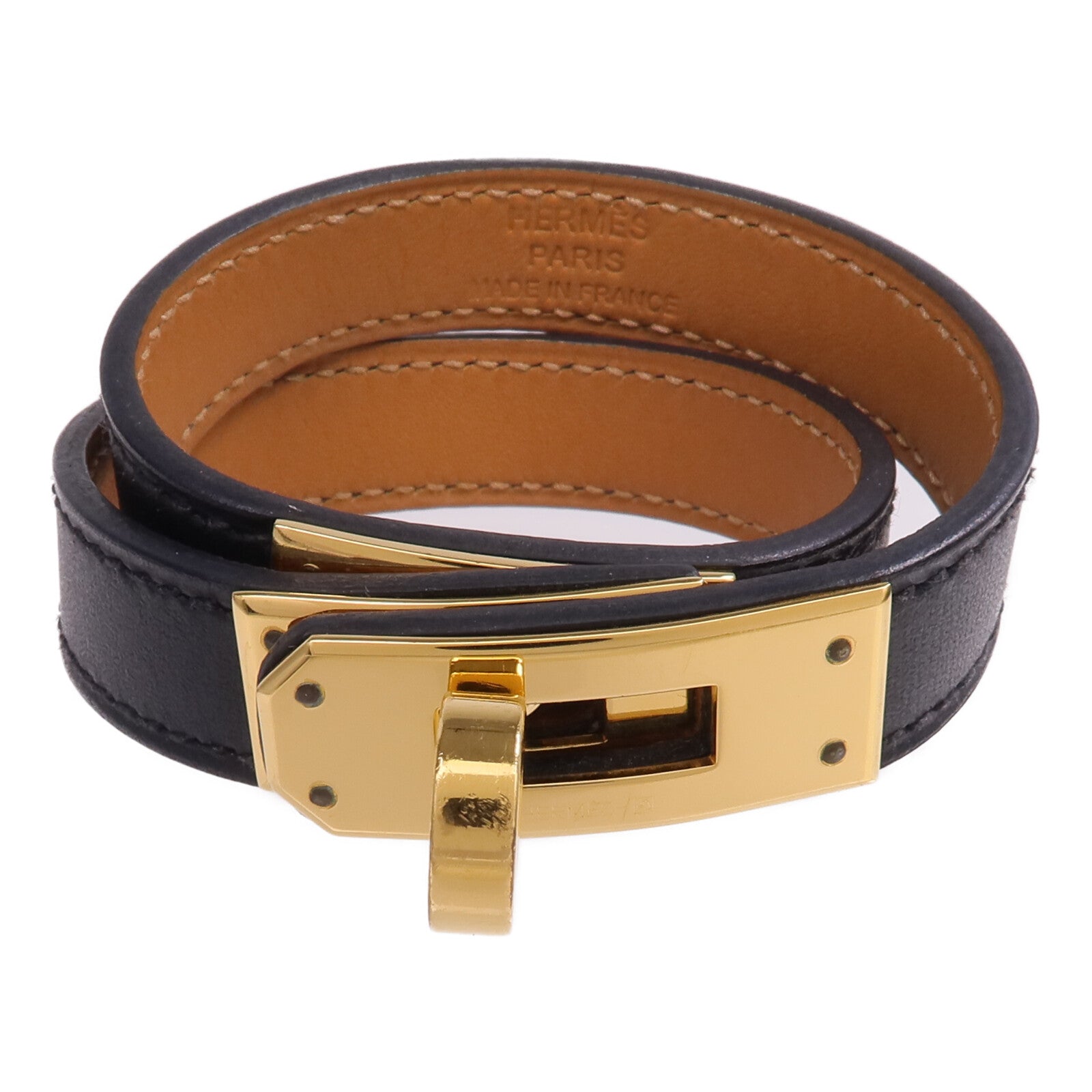 HERMES 【激減優惠】Chamonix皮革Kelly Double Bracelet金扣手鐲Noir