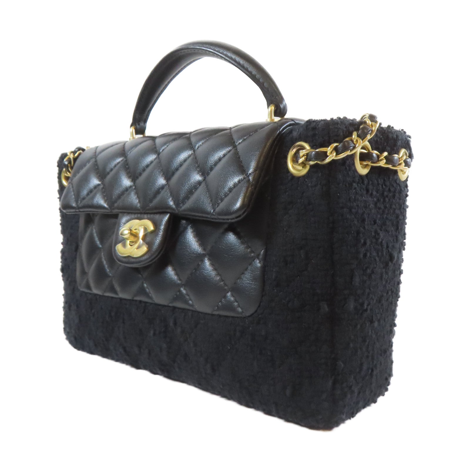 CHANEL 【激減優惠】斜紋軟呢/菱格牛皮皮革Chain Shoulder金扣手挽肩背兩用袋黑色