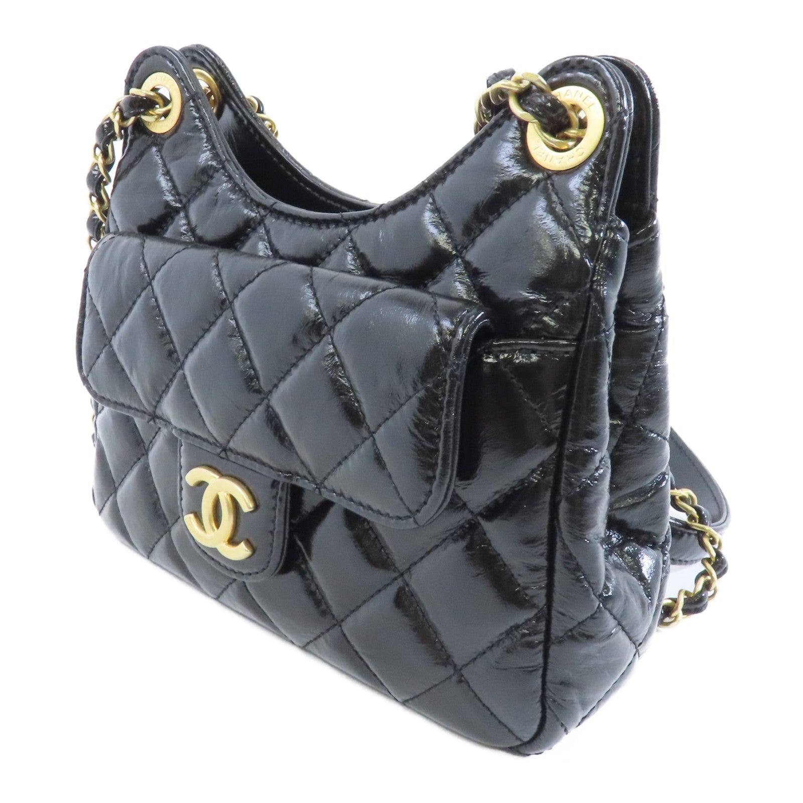 CHANEL 菱格牛皮皮革Chain Shoulder金扣鏈帶肩背袋袋黑色