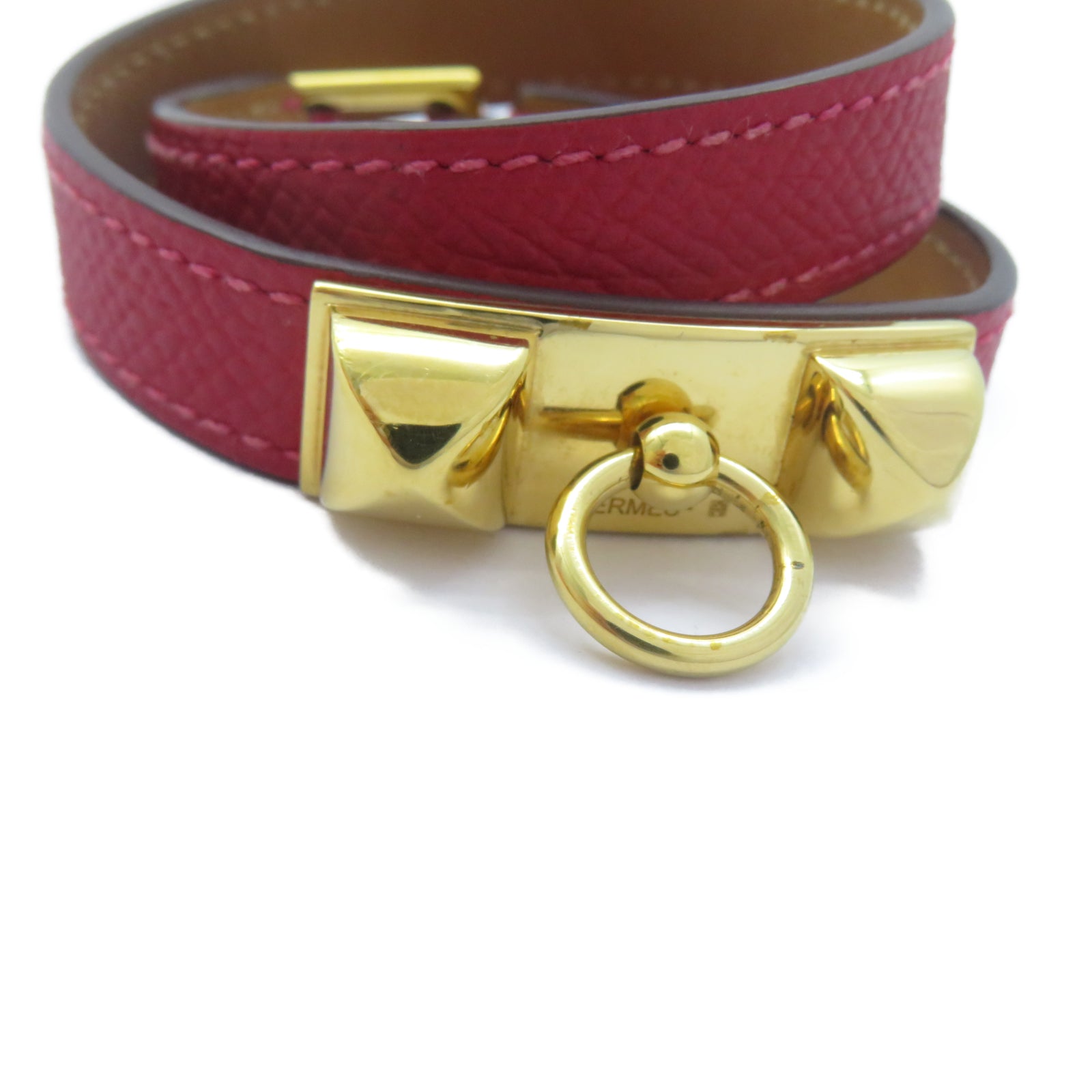 HERMES Epsom皮革Rivale Double Tour Bracelet金扣手鐲紅色
