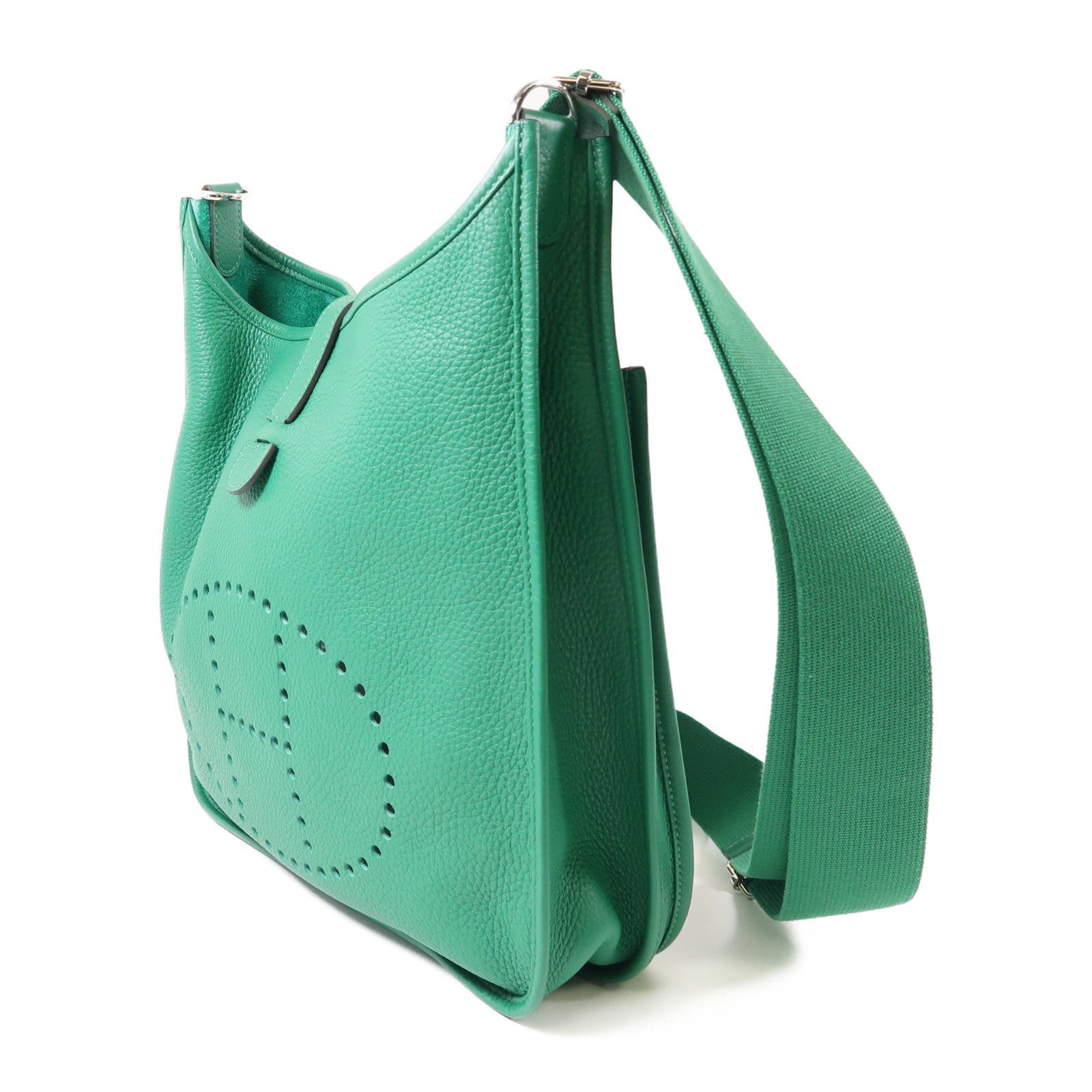 HERMES Clemence皮革Evelyne PM銀扣肩背袋Vert Vertigao