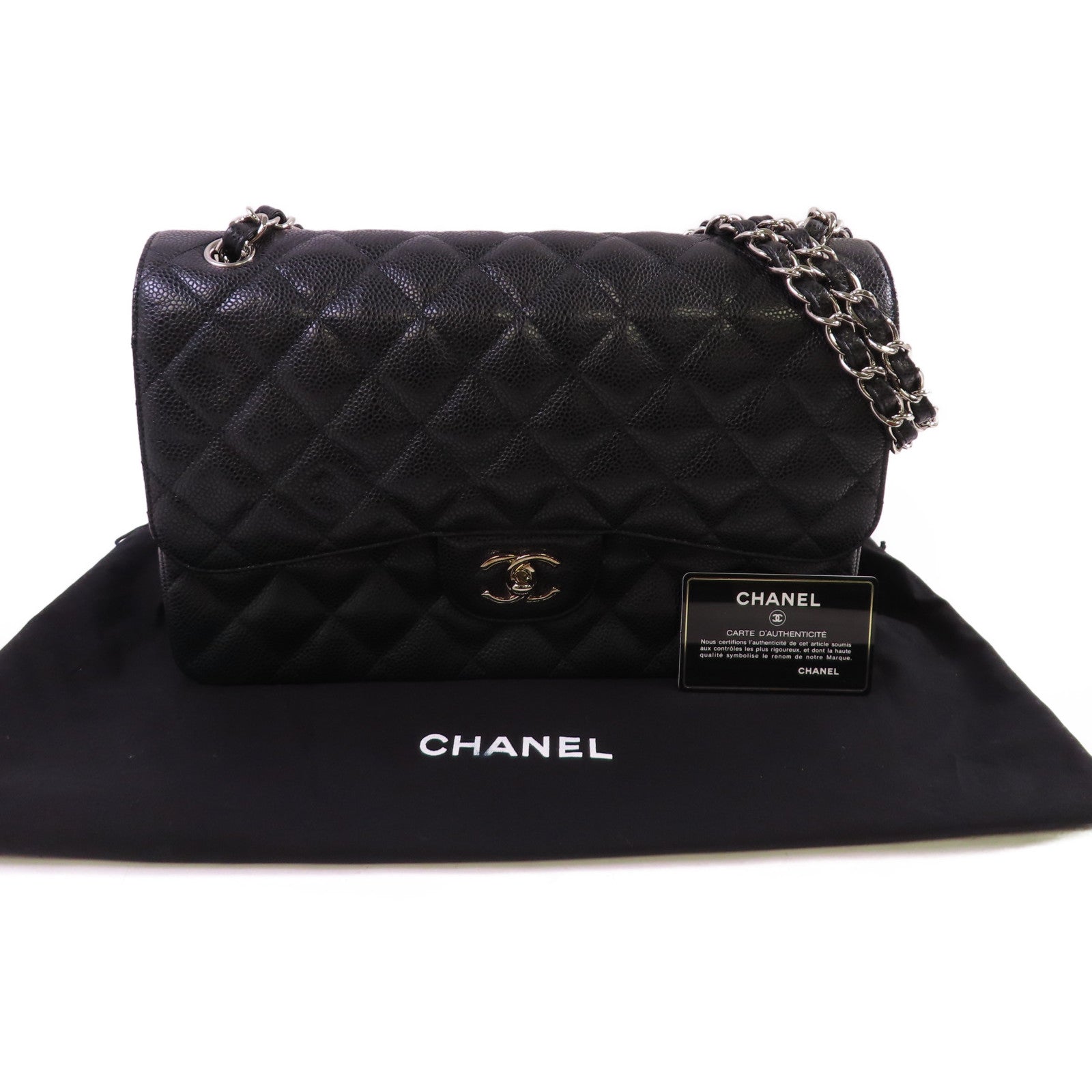 CHANEL 【激減優惠】菱格Caviar皮革Classic Jumbo Chain Shoulder Bag銀扣鏈帶肩背袋黑色