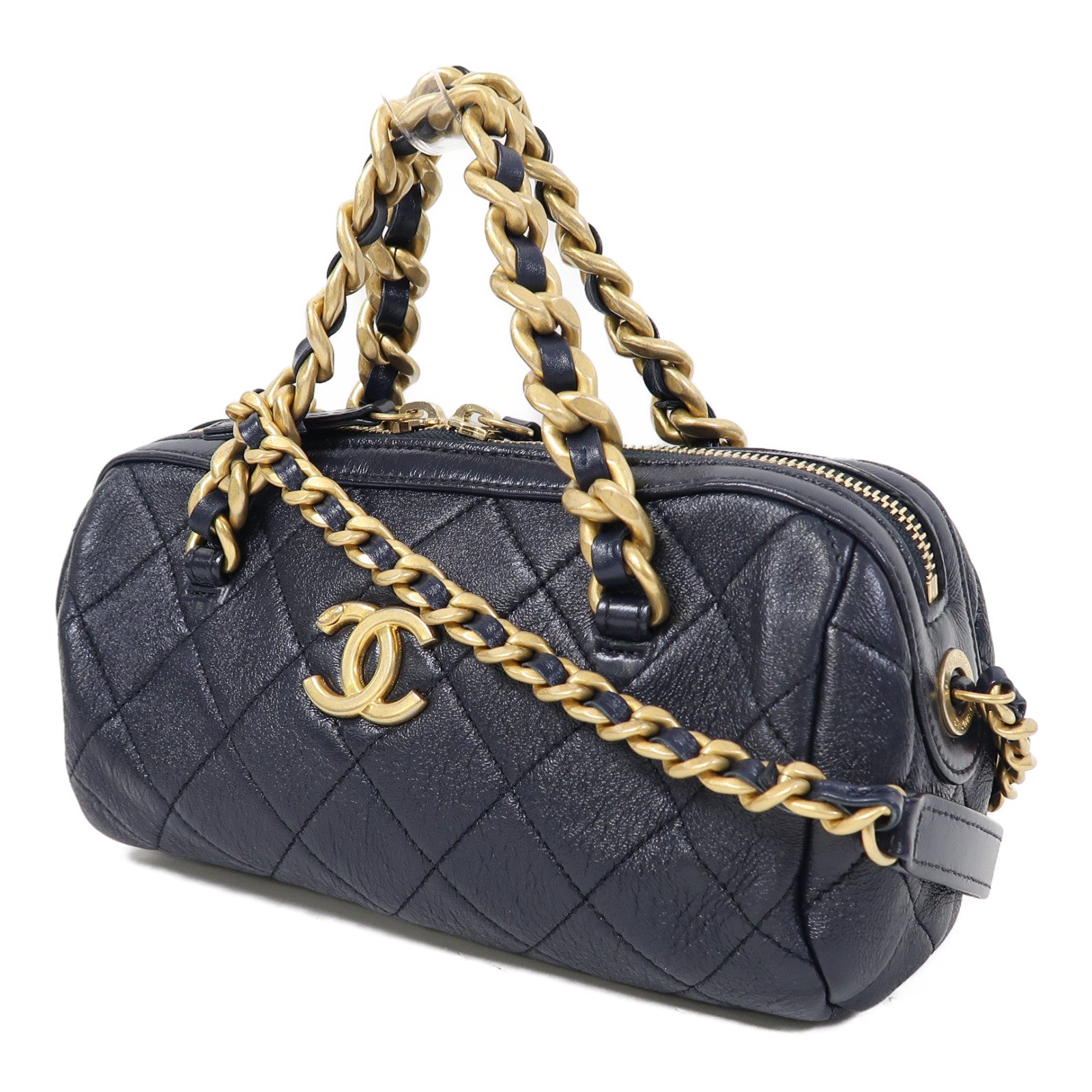 CHANEL 菱格羊皮皮革Chain Shoulder金扣鏈帶肩背袋深藍色