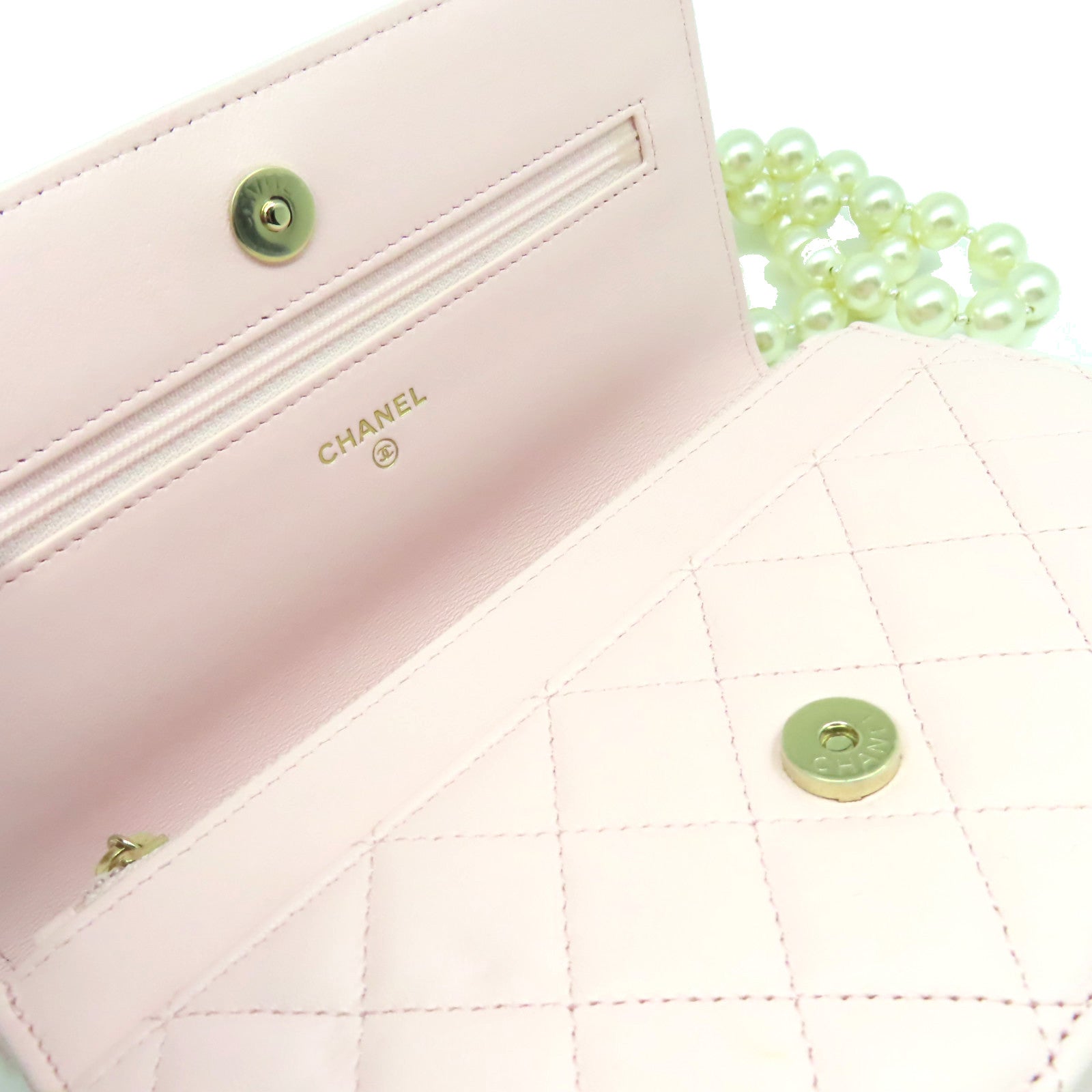 CHANEL 菱格牛皮皮革/仿珍珠Wallet On Chain Shoulder Bag金扣肩背袋粉紅色