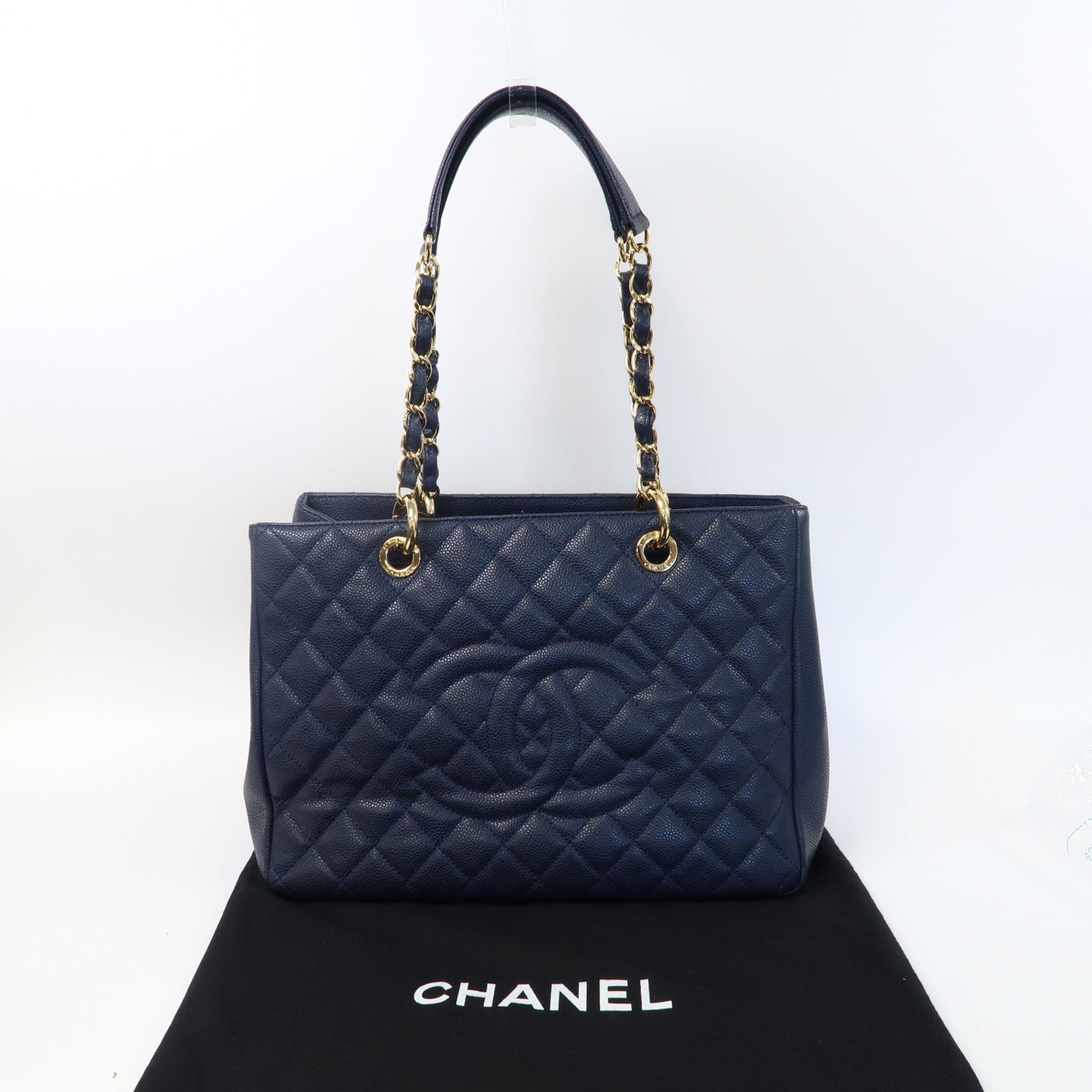 CHANEL 菱格Caviar皮革GST金扣肩背袋深藍色