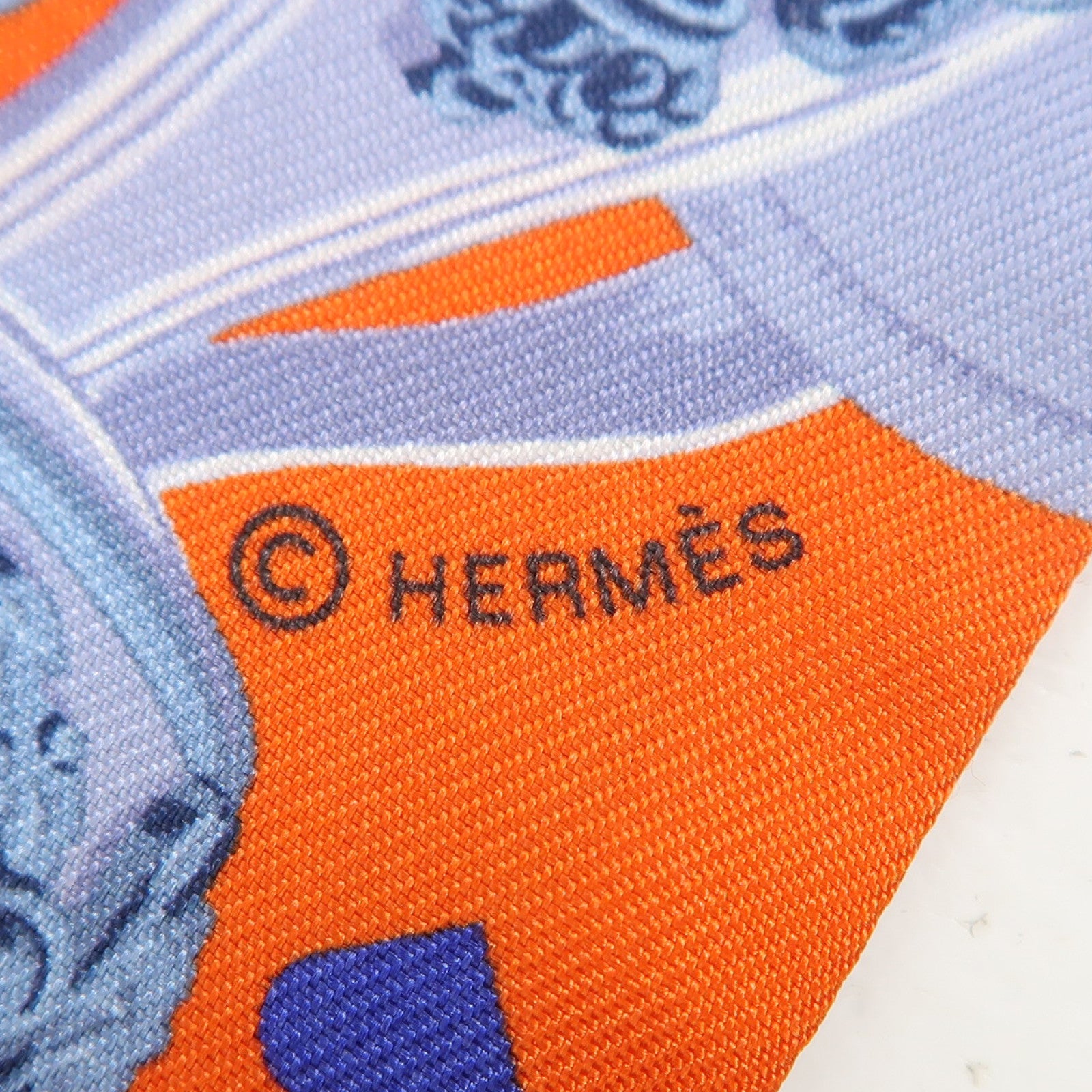 HERMES 絲質Twilly絲巾橙色/灰色