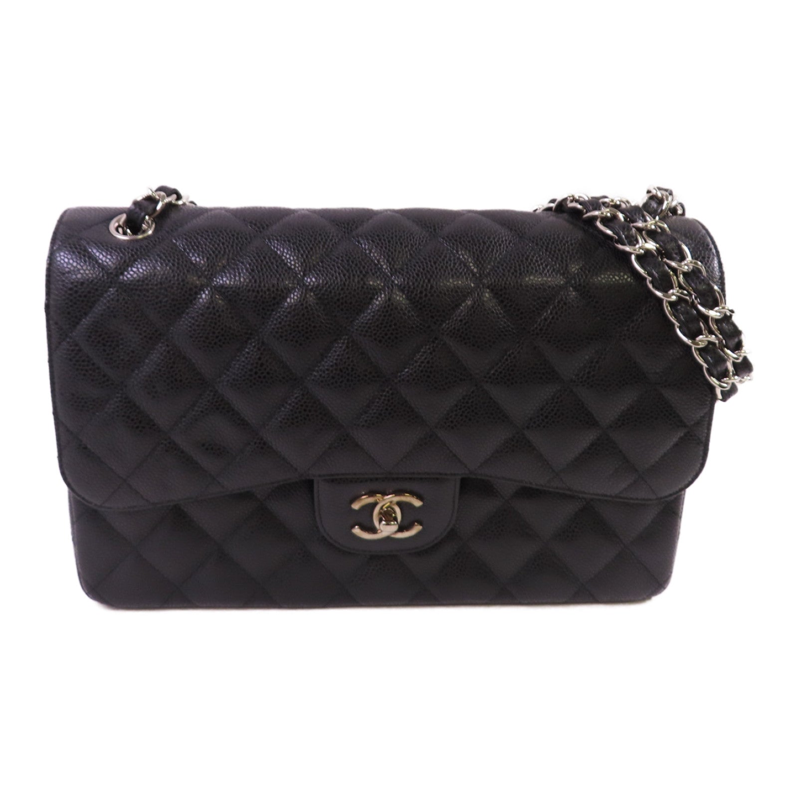 CHANEL 【激減優惠】菱格Caviar皮革Classic Jumbo Chain Shoulder Bag銀扣鏈帶肩背袋黑色