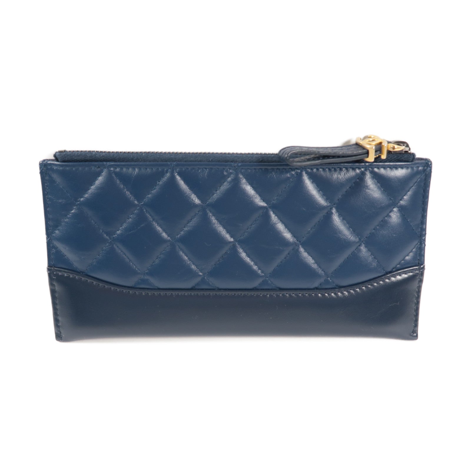 CHANEL 菱格牛皮皮革Pouch Wallet金扣長錢包黑色/藍色