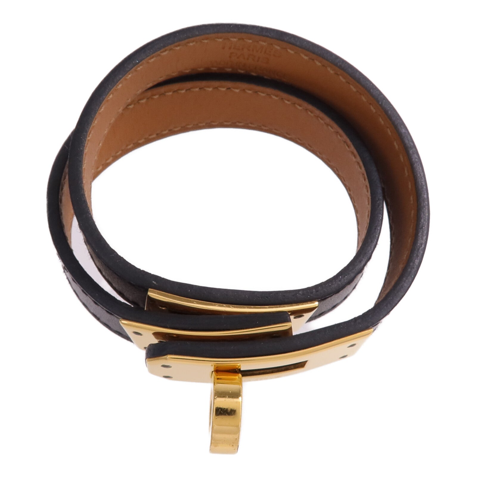HERMES 【激減優惠】Chamonix皮革Kelly Double Bracelet金扣手鐲Noir