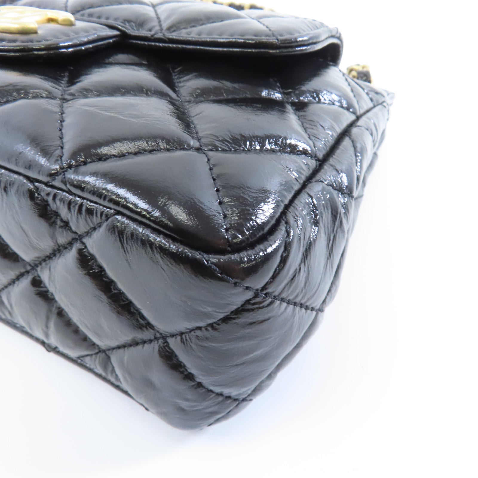 CHANEL 菱格牛皮皮革Chain Shoulder金扣鏈帶肩背袋袋黑色