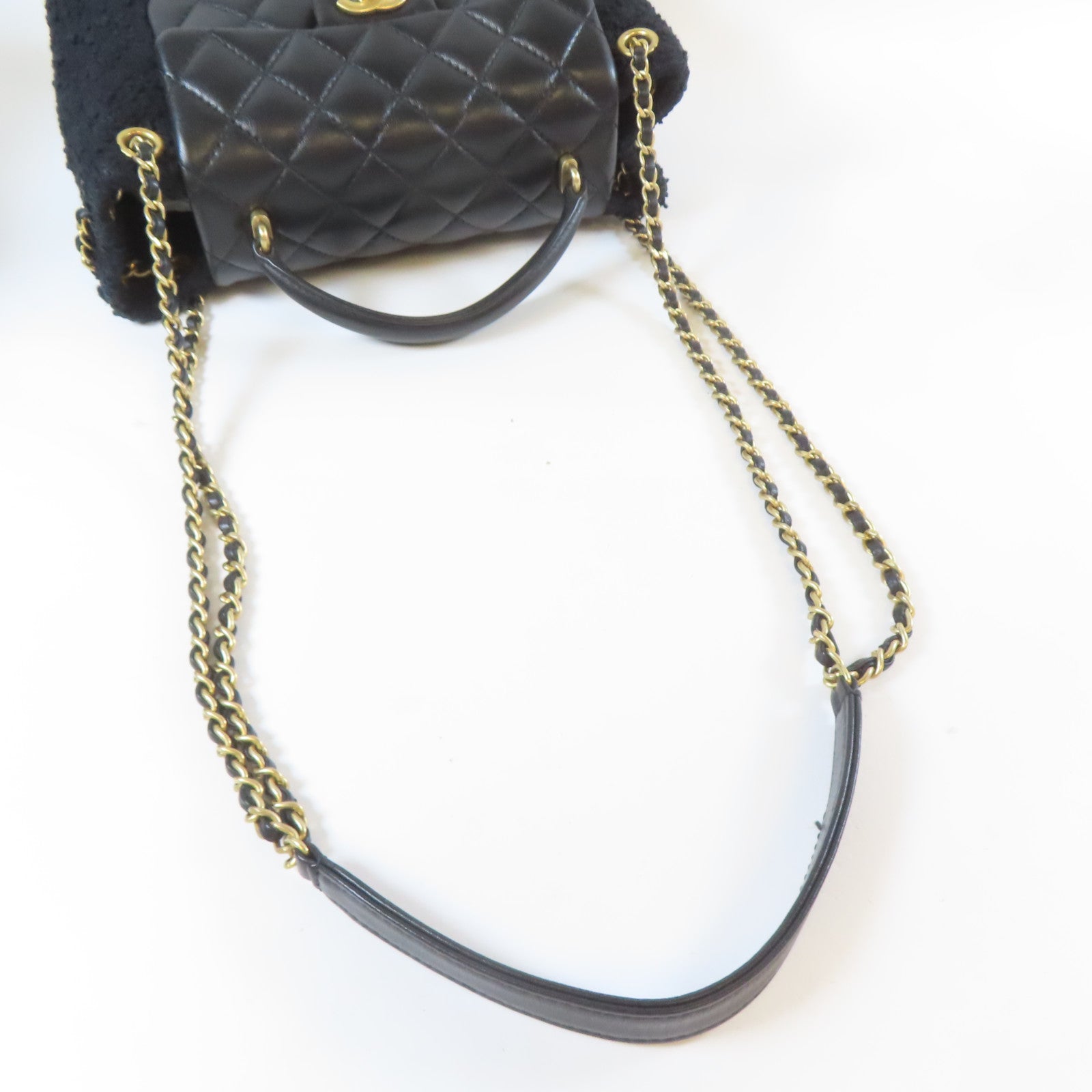 CHANEL 【激減優惠】斜紋軟呢/菱格牛皮皮革Chain Shoulder金扣手挽肩背兩用袋黑色