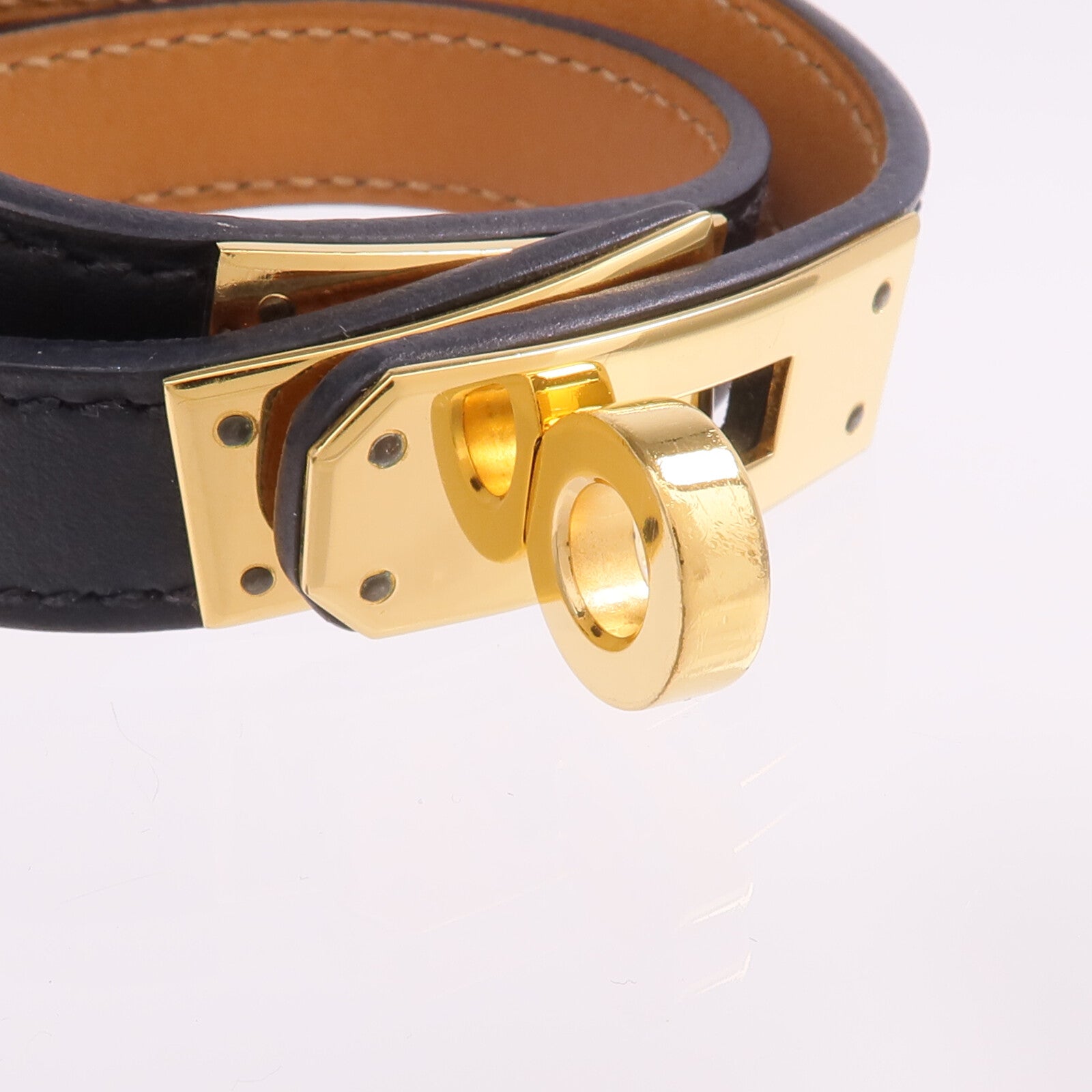 HERMES 【激減優惠】Chamonix皮革Kelly Double Bracelet金扣手鐲Noir