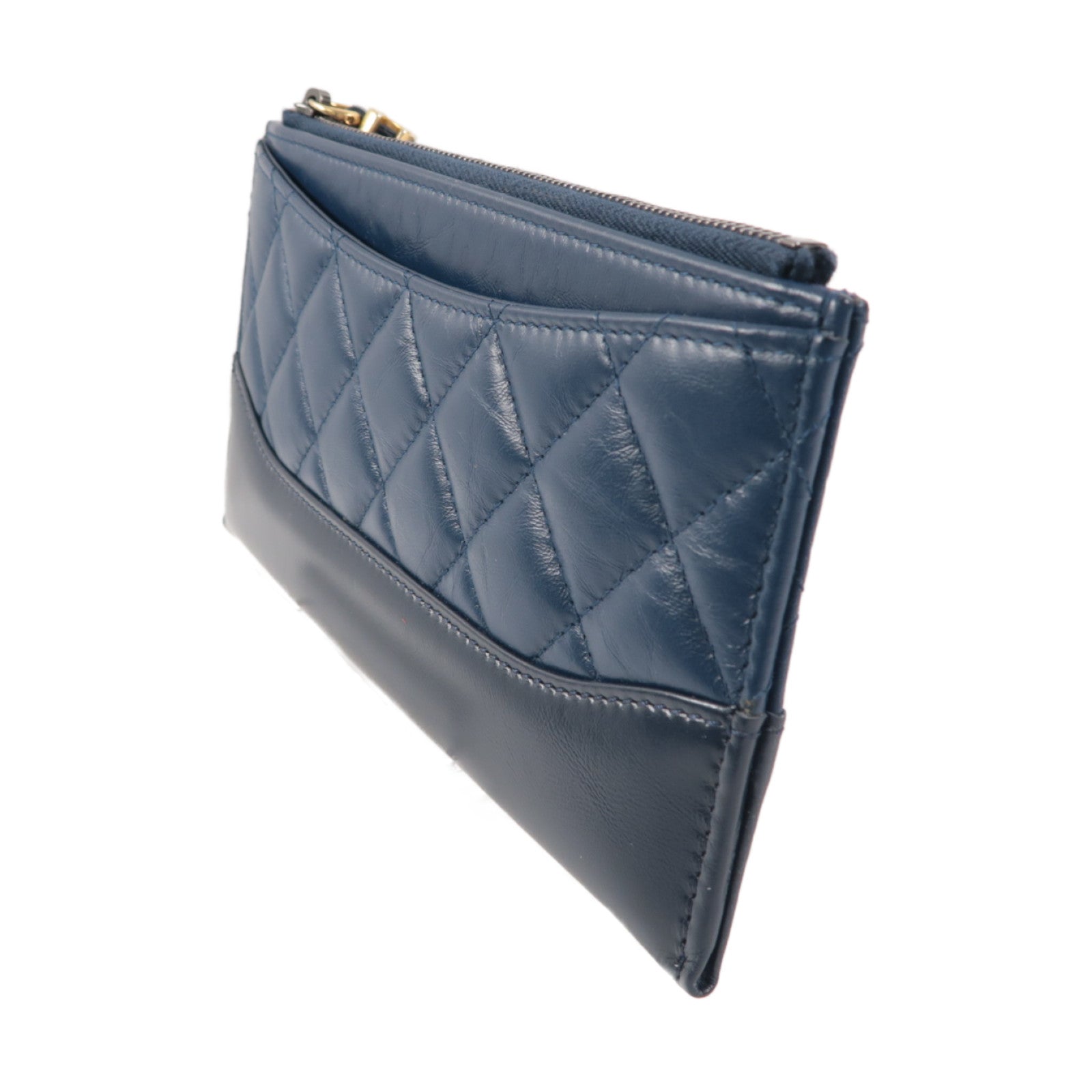 CHANEL 菱格牛皮皮革Pouch Wallet金扣長錢包黑色/藍色