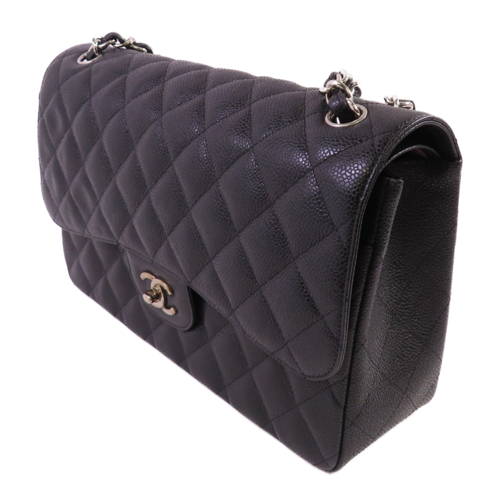 CHANEL 【激減優惠】菱格Caviar皮革Classic Jumbo Chain Shoulder Bag銀扣鏈帶肩背袋黑色