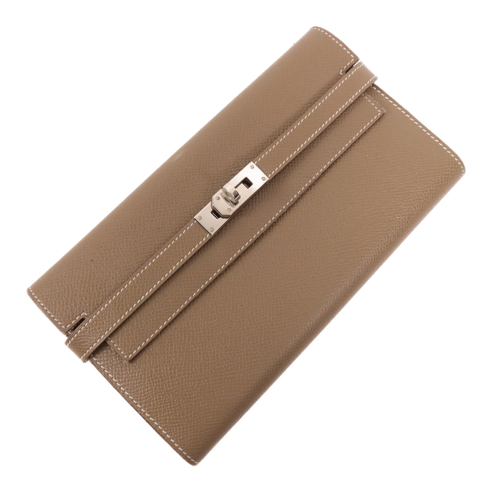 HERMES Epsom皮革Kelly Wallet銀扣長錢包Etoupe